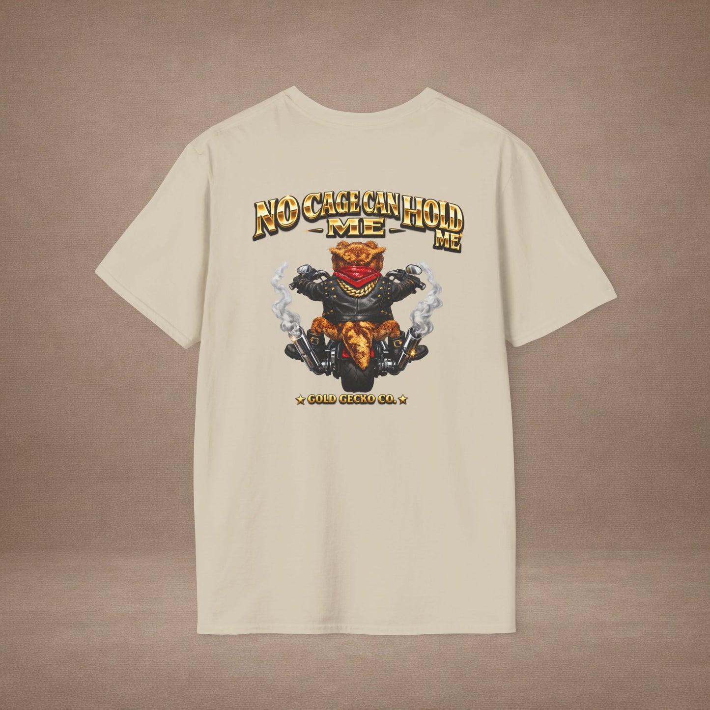 DESIGN #37 No Cage Can Hold Me — Chopper Gecko Tee (Front & Back) Gold Lettering