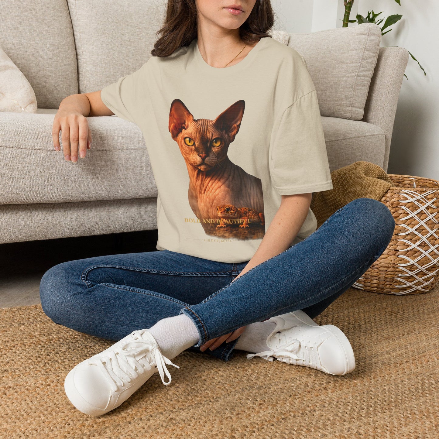 Sphynx — Bold And Beautiful — photoreal cat breed portraits paired with tiny gecko compani. Gold Gecko Co. Cats & Geckos collection.