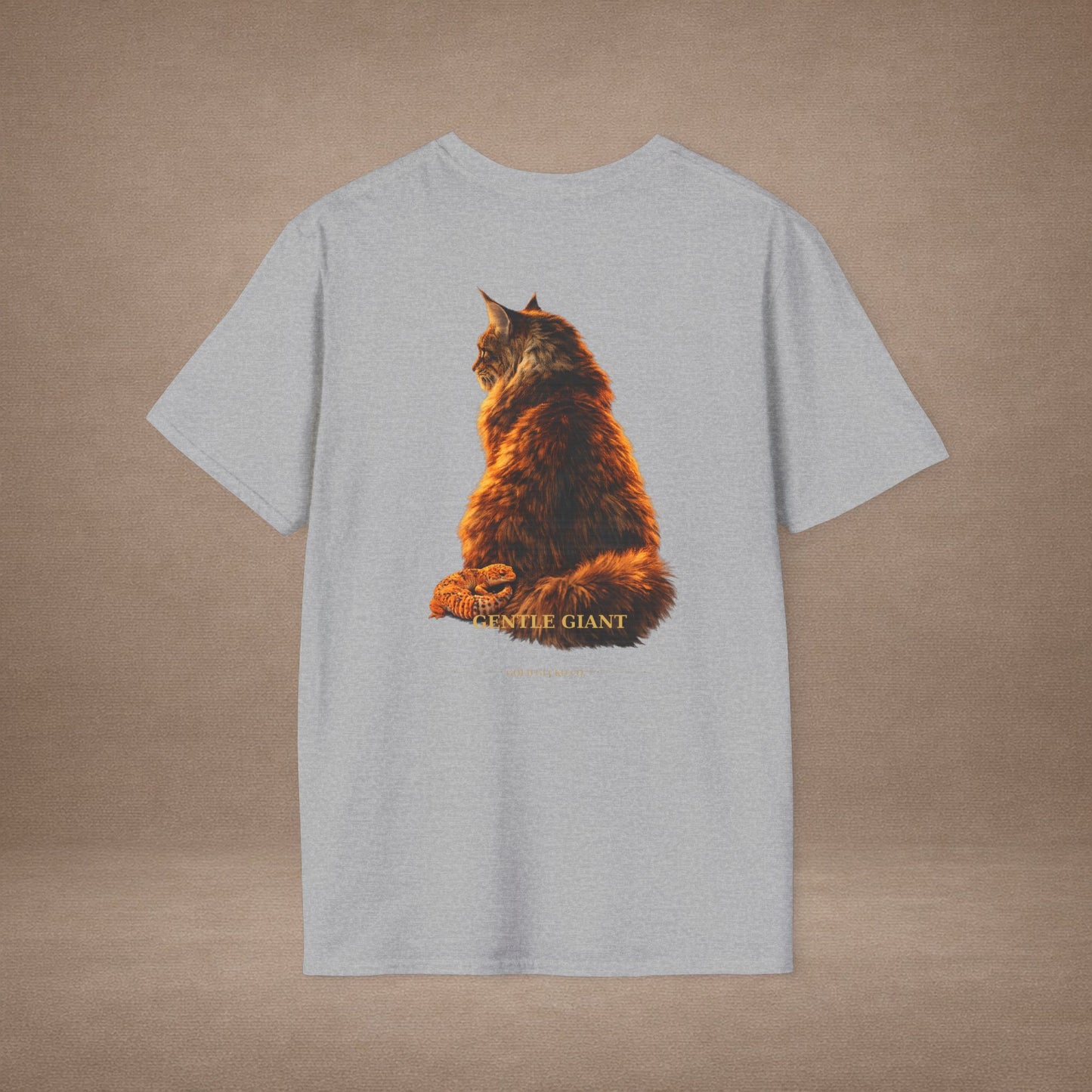 Maine Coon — Gentle Giant — photoreal cat breed portraits paired with tiny gecko compani. Gold Gecko Co. Cats & Geckos collection.