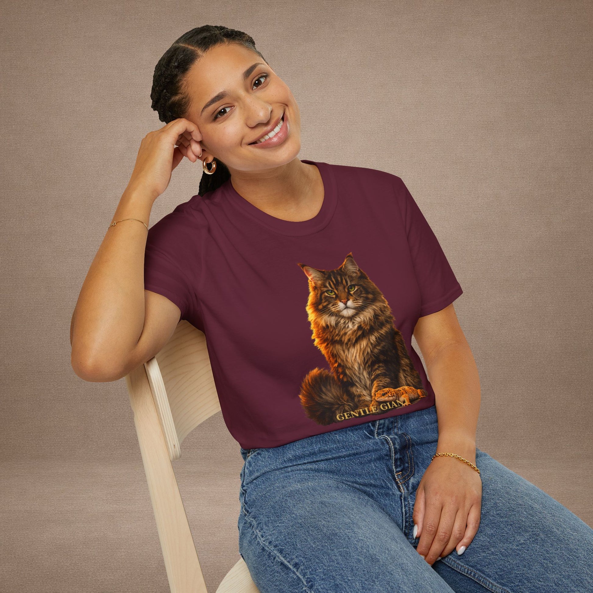 Maine Coon — Gentle Giant — photoreal cat breed portraits paired with tiny gecko compani. Gold Gecko Co. Cats & Geckos collection.