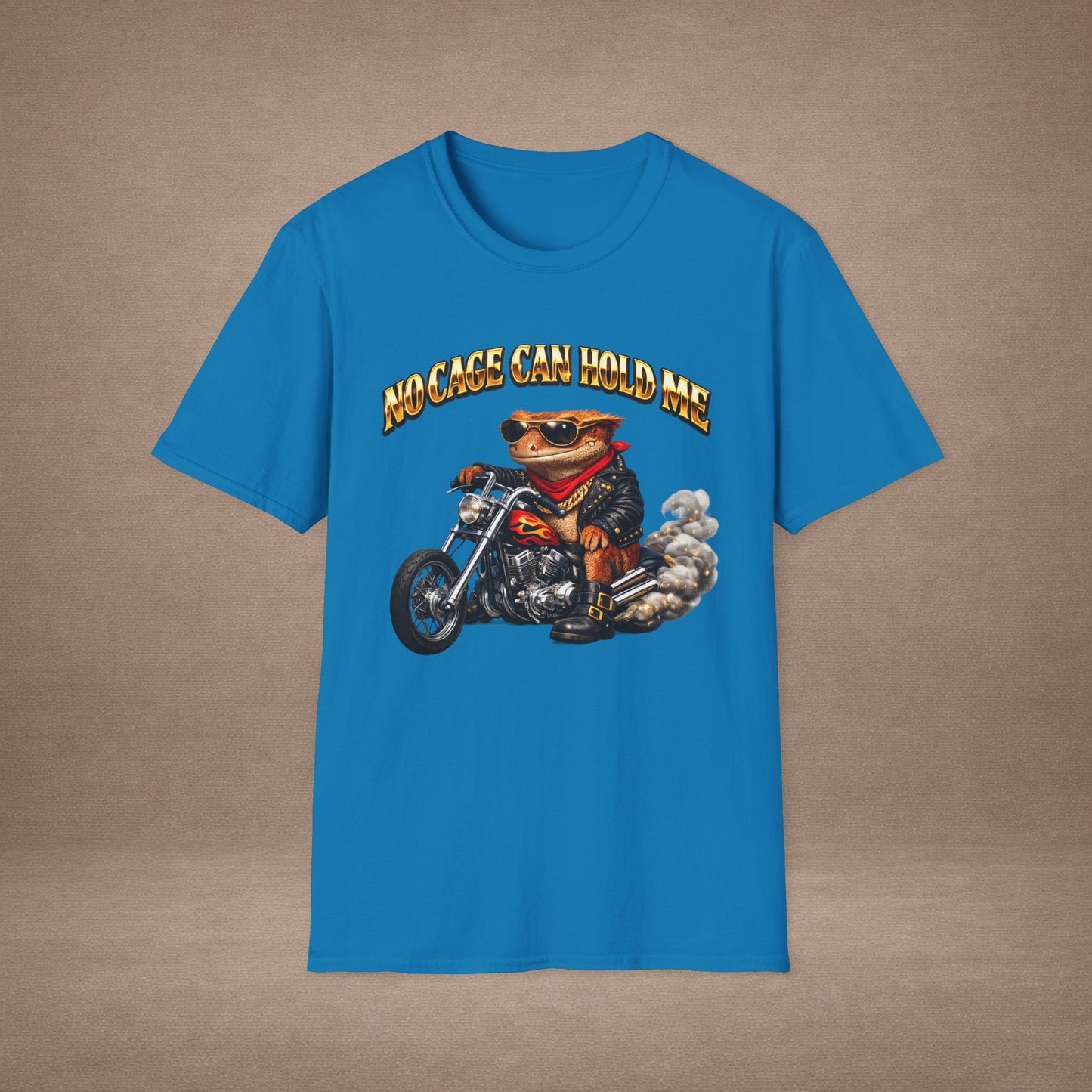DESIGN #37 No Cage Can Hold Me — Chopper Gecko Tee (Front & Back) Gold Lettering