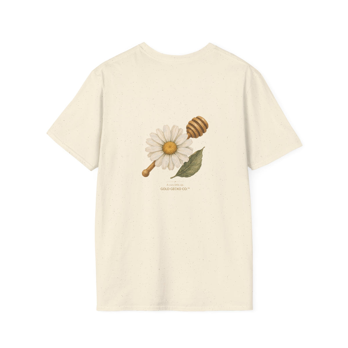 Tea Time Gecko cottagecore watercolor T-shirt from Gold Gecko Co. — gecko sipping from a floral teacup among daisies and lavender.