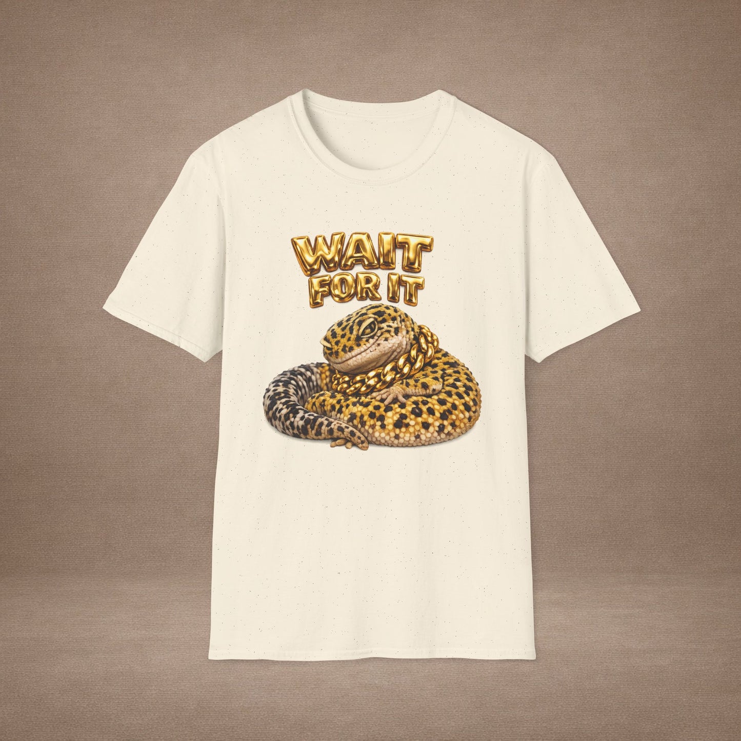 DESIGN #21-1 Wait For It... Lounging Leopard Gecko Tee (Front & Back) Gold Lettering