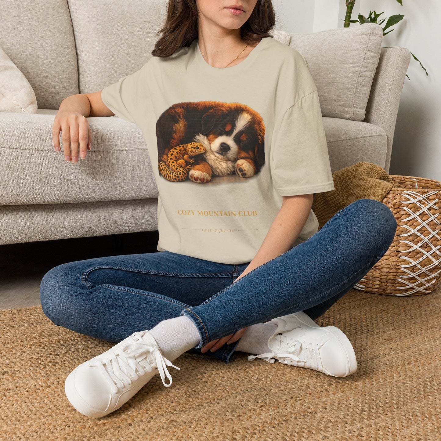 Bernese Mountain Dog — Cozy Mountain Club — cinematic photoreal portraits of beloved dog breeds paired w. Gold Gecko Co. Puppies & Geckos collection.