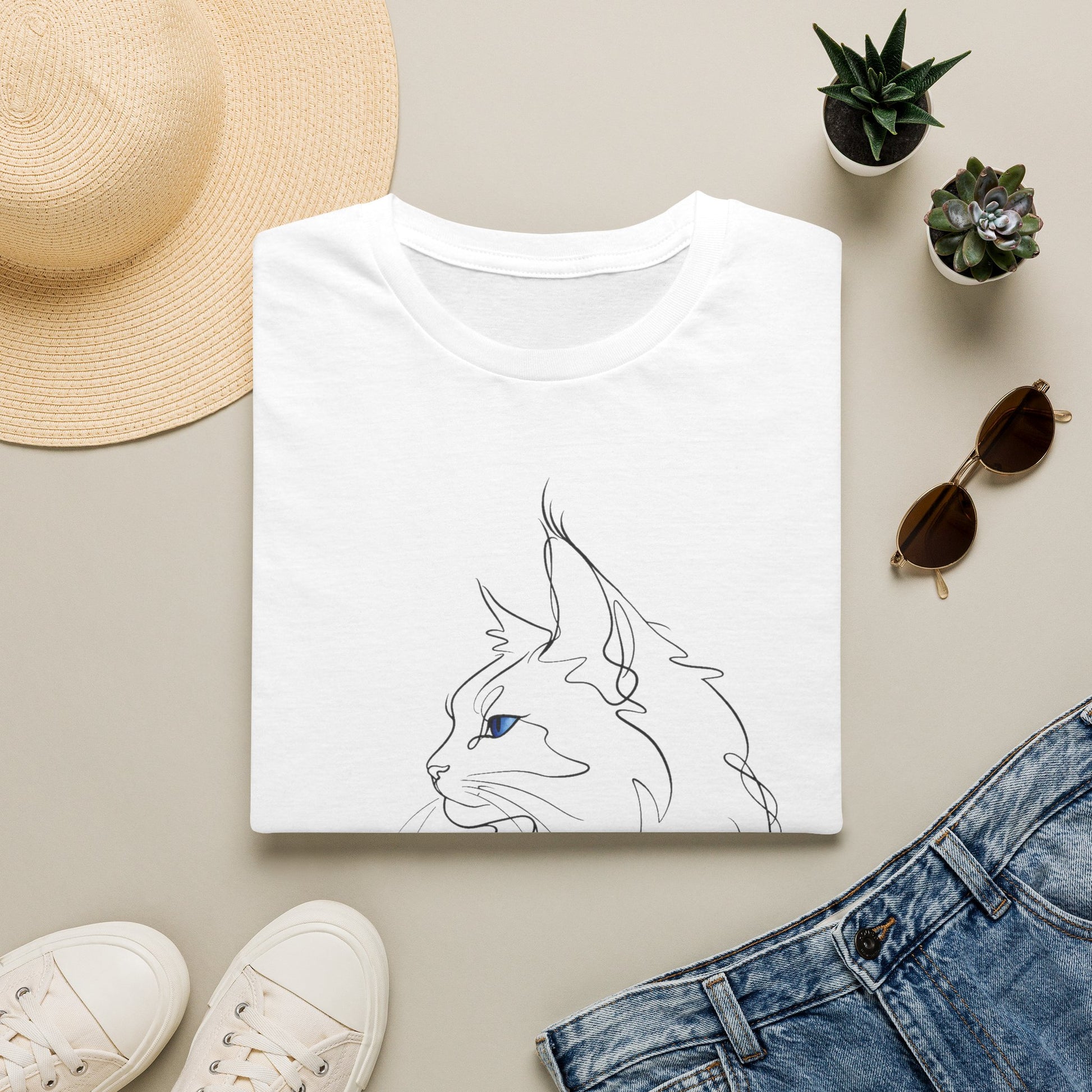 Sapphire Maine Coon single-line art with sapphire blue gem eye — Gold Gecko Co. Line & Gold collection (Light)