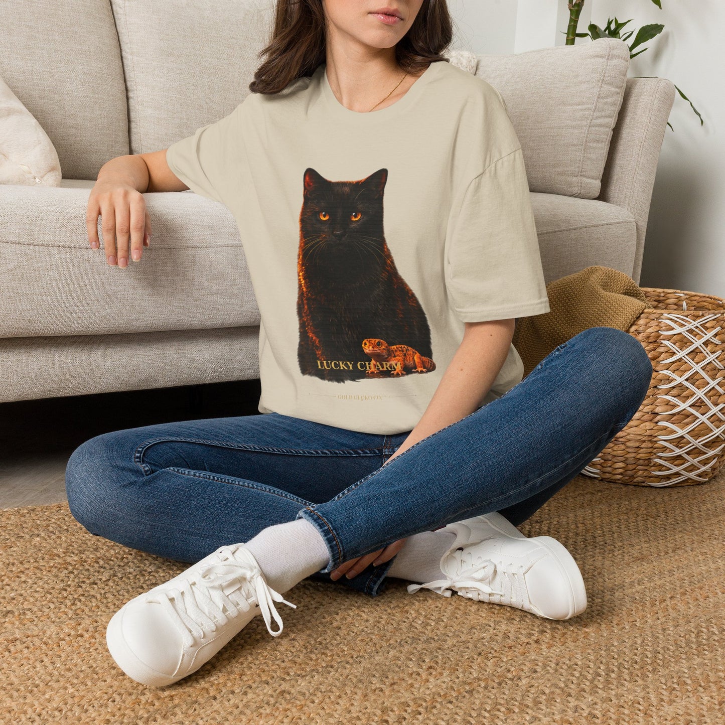 Black Cat — Lucky Charm — photoreal cat breed portraits paired with tiny gecko compani. Gold Gecko Co. Cats & Geckos collection.