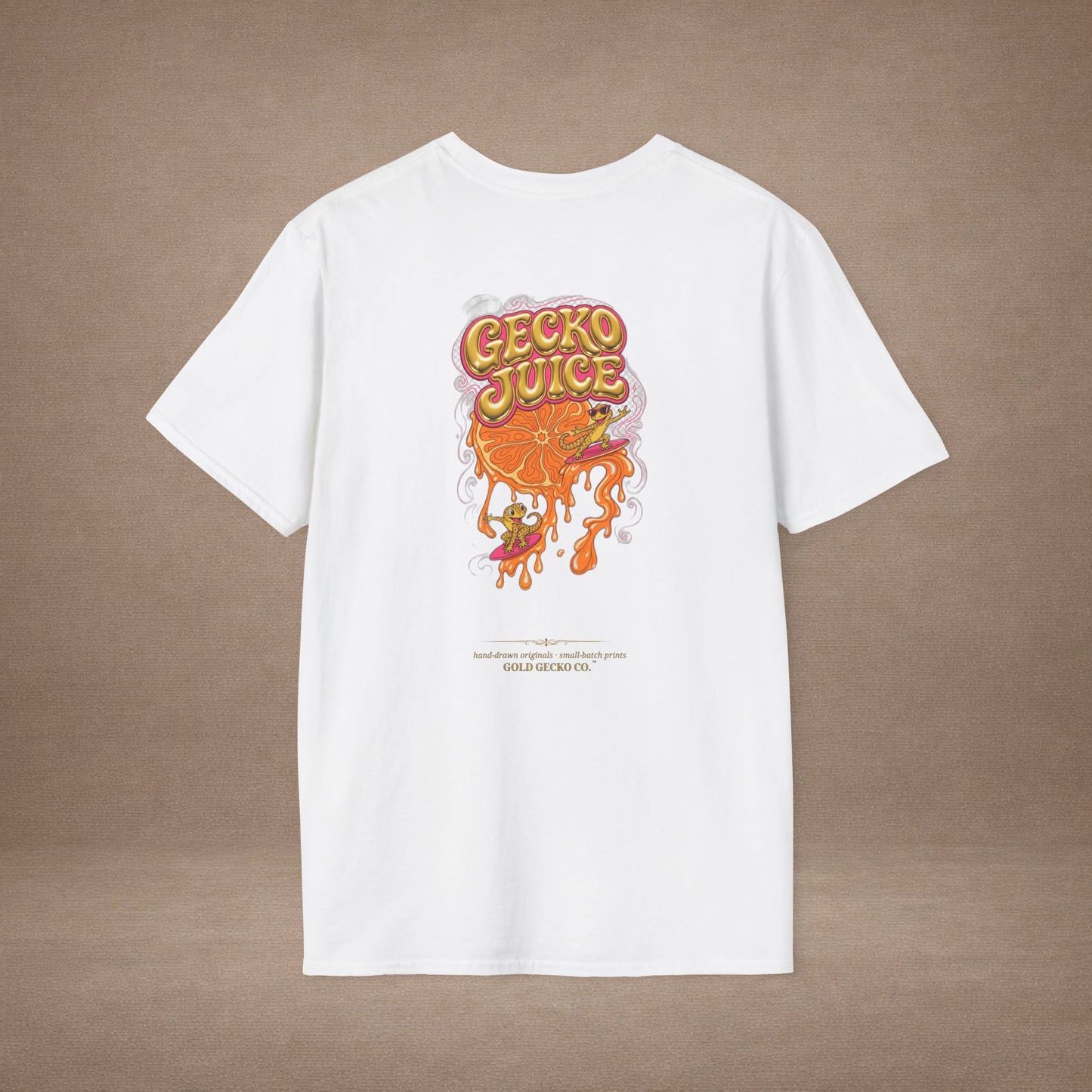Stay Juicy retro chrome orange & gecko graphic t-shirt — Gold Gecko Co.