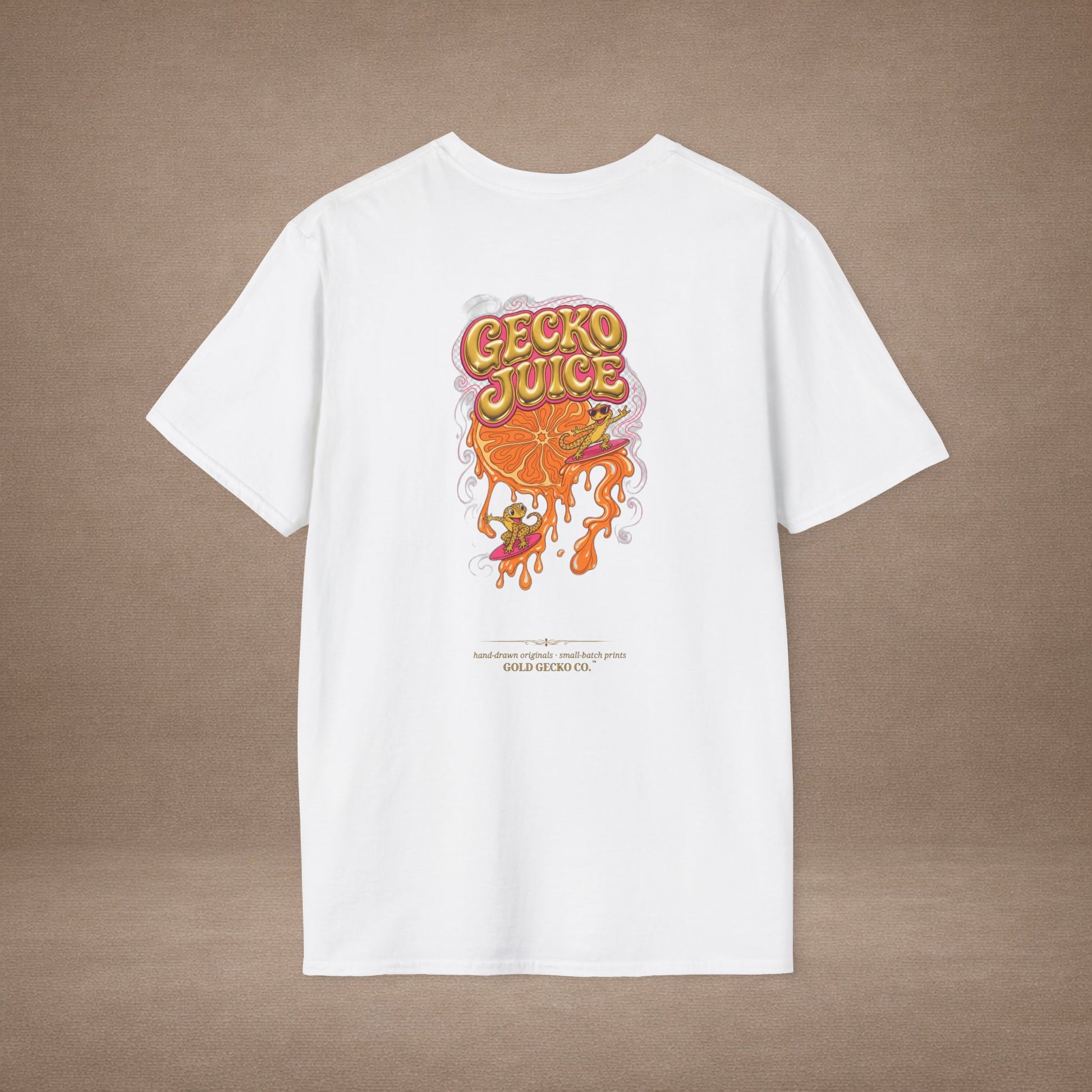 Stay Juicy retro chrome orange & gecko graphic t-shirt — Gold Gecko Co.