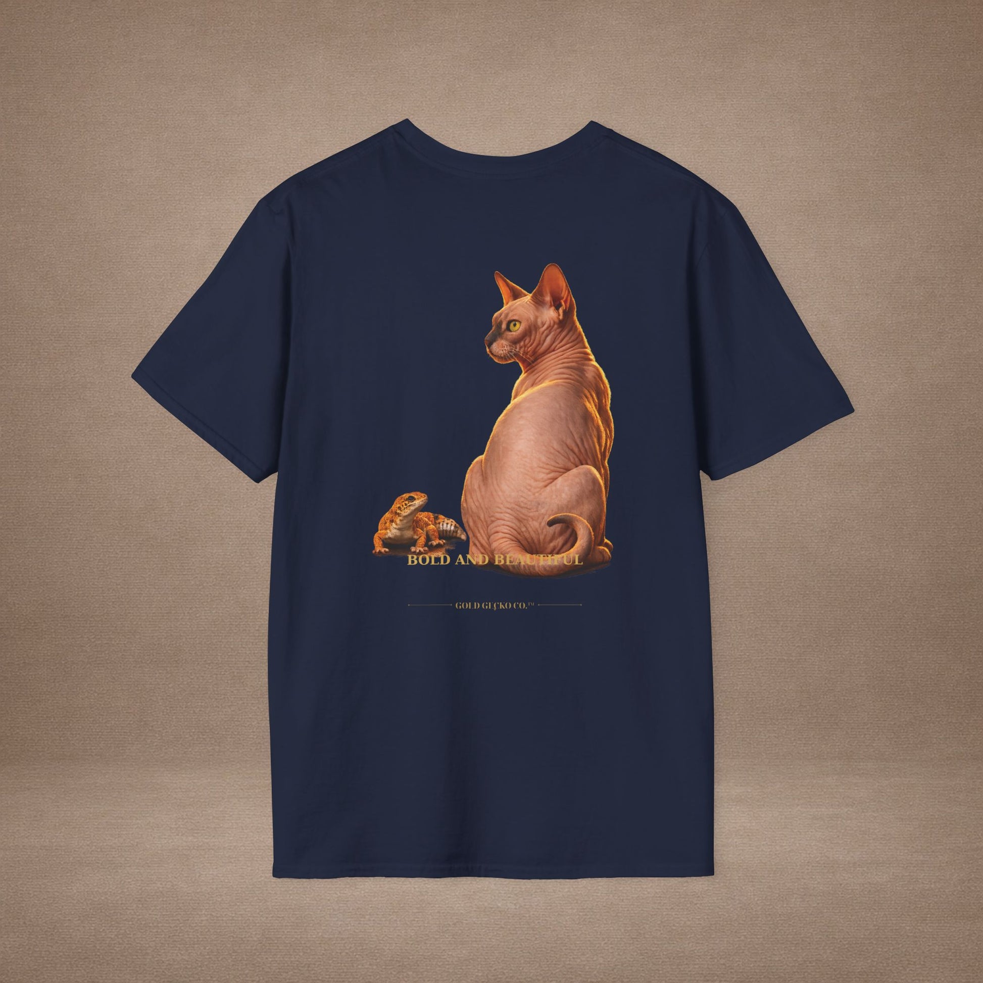 Sphynx — Bold And Beautiful — photoreal cat breed portraits paired with tiny gecko compani. Gold Gecko Co. Cats & Geckos collection.