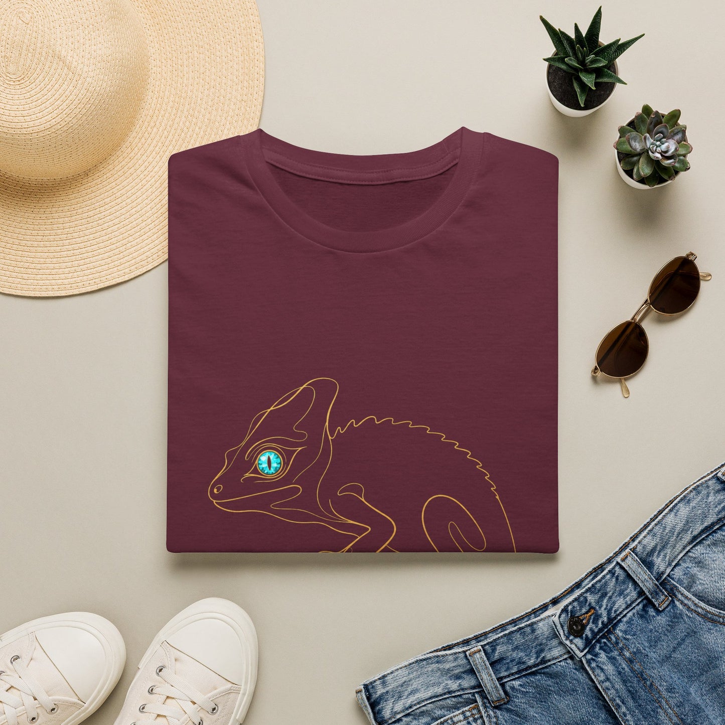 Turquoise Chameleon single-line art with turquoise gem eye — Gold Gecko Co. Line & Gold collection (Dark)