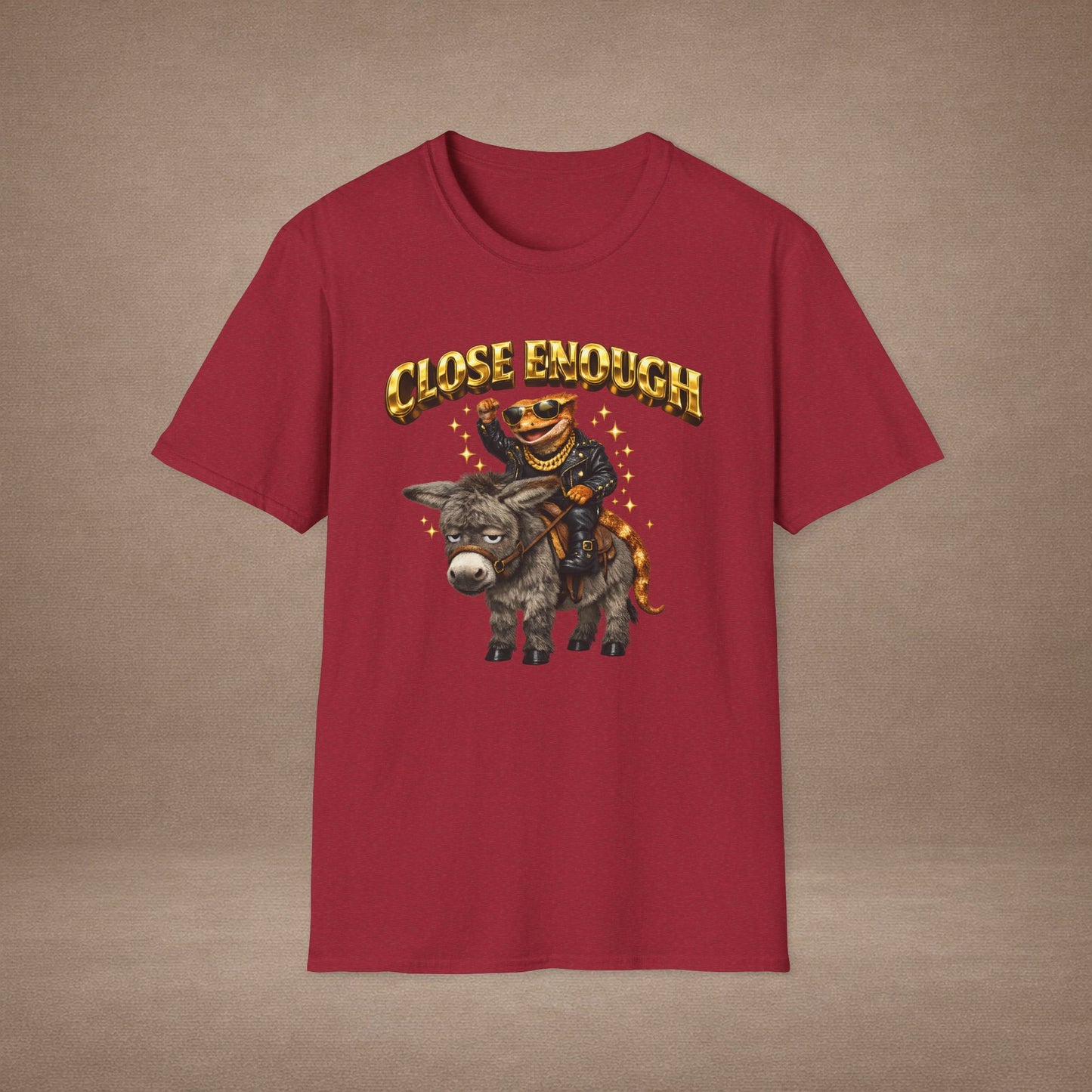 DESIGN #04-1 Close Enough — Donkey Gecko Tee (Front & Back) (Gold Letters)