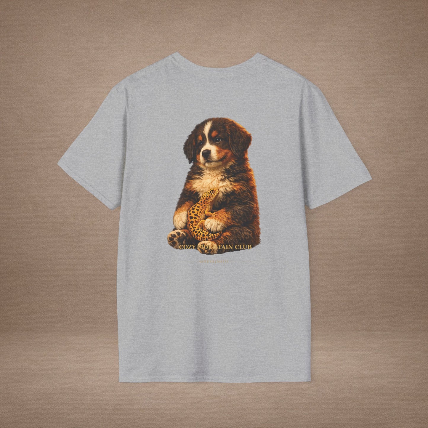 Bernese Mountain Dog — Cozy Mountain Club — cinematic photoreal portraits of beloved dog breeds paired w. Gold Gecko Co. Puppies & Geckos collection.