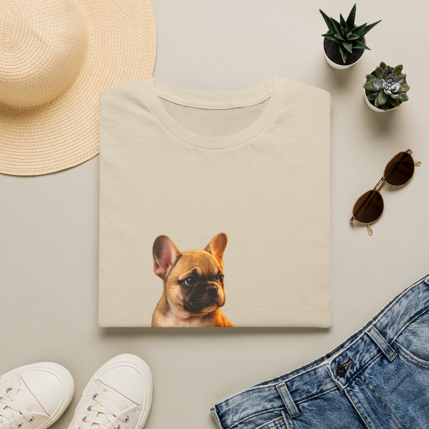 French Bulldog — Small But Mighty — cinematic photoreal portraits of beloved dog breeds paired w. Gold Gecko Co. Puppies & Geckos collection.