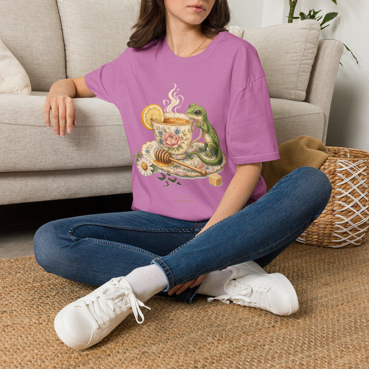 Tea Time Gecko cottagecore watercolor T-shirt from Gold Gecko Co. — gecko sipping from a floral teacup among daisies and lavender.