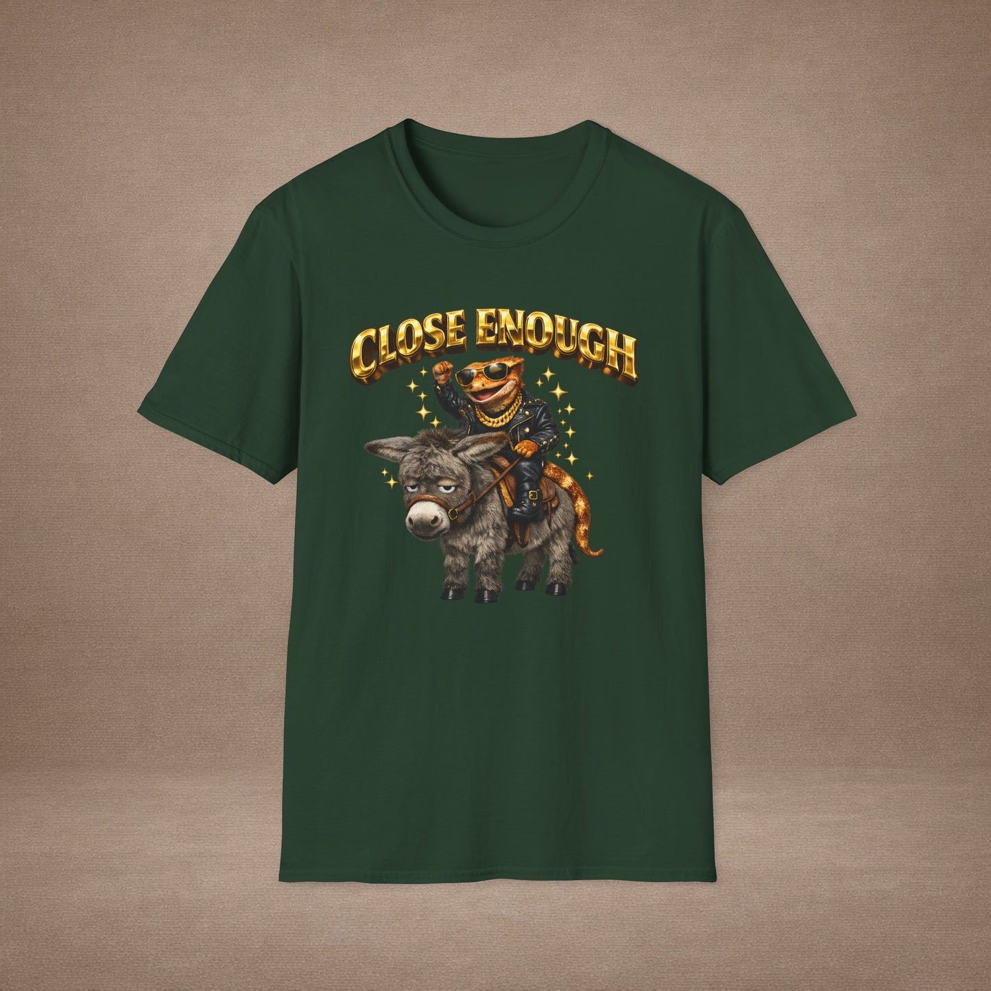 DESIGN #04-1 Close Enough — Donkey Gecko Tee (Front & Back) (Gold Letters)