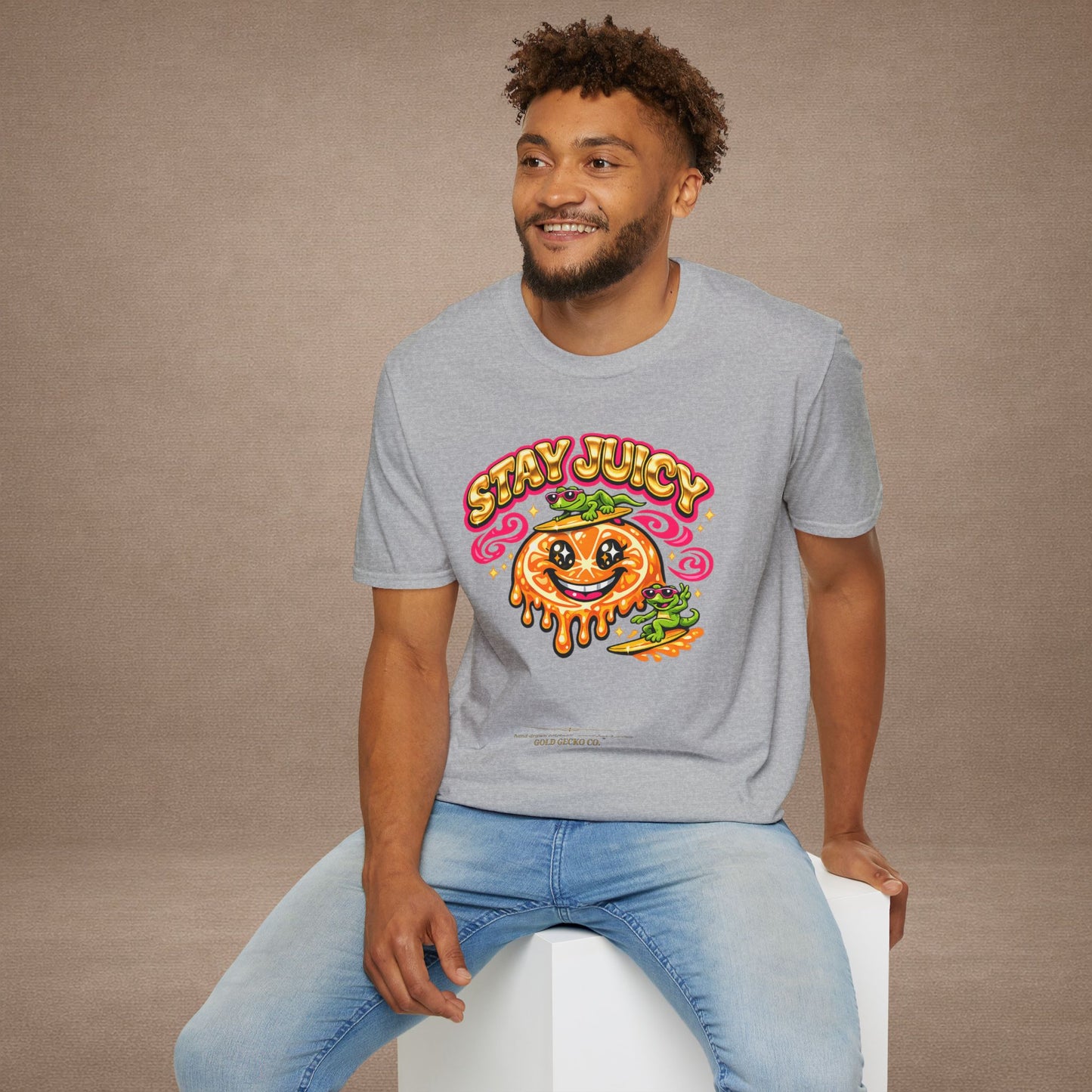 Stay Juicy retro chrome orange & gecko graphic t-shirt — Gold Gecko Co.