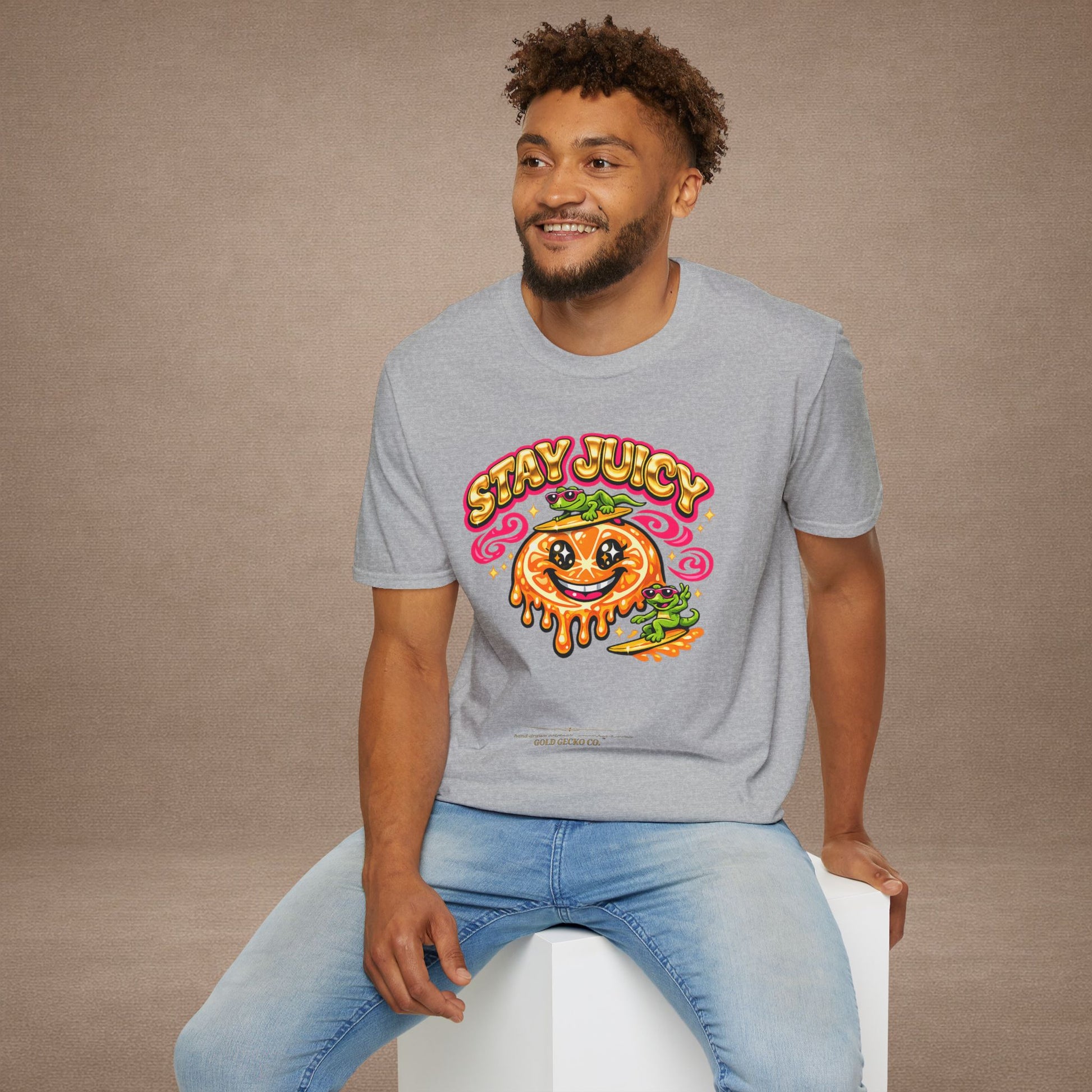 Stay Juicy retro chrome orange & gecko graphic t-shirt — Gold Gecko Co.