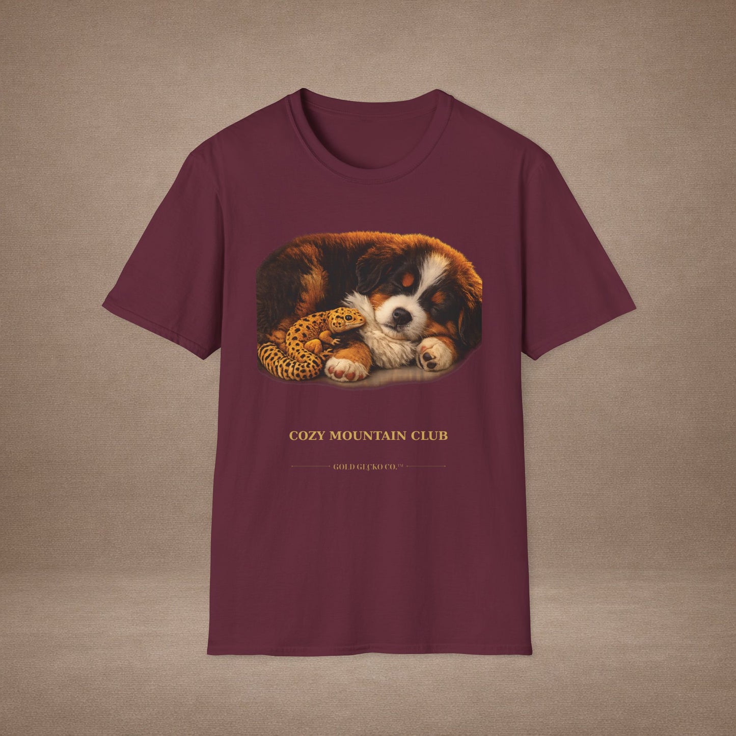 Bernese Mountain Dog — Cozy Mountain Club — cinematic photoreal portraits of beloved dog breeds paired w. Gold Gecko Co. Puppies & Geckos collection.