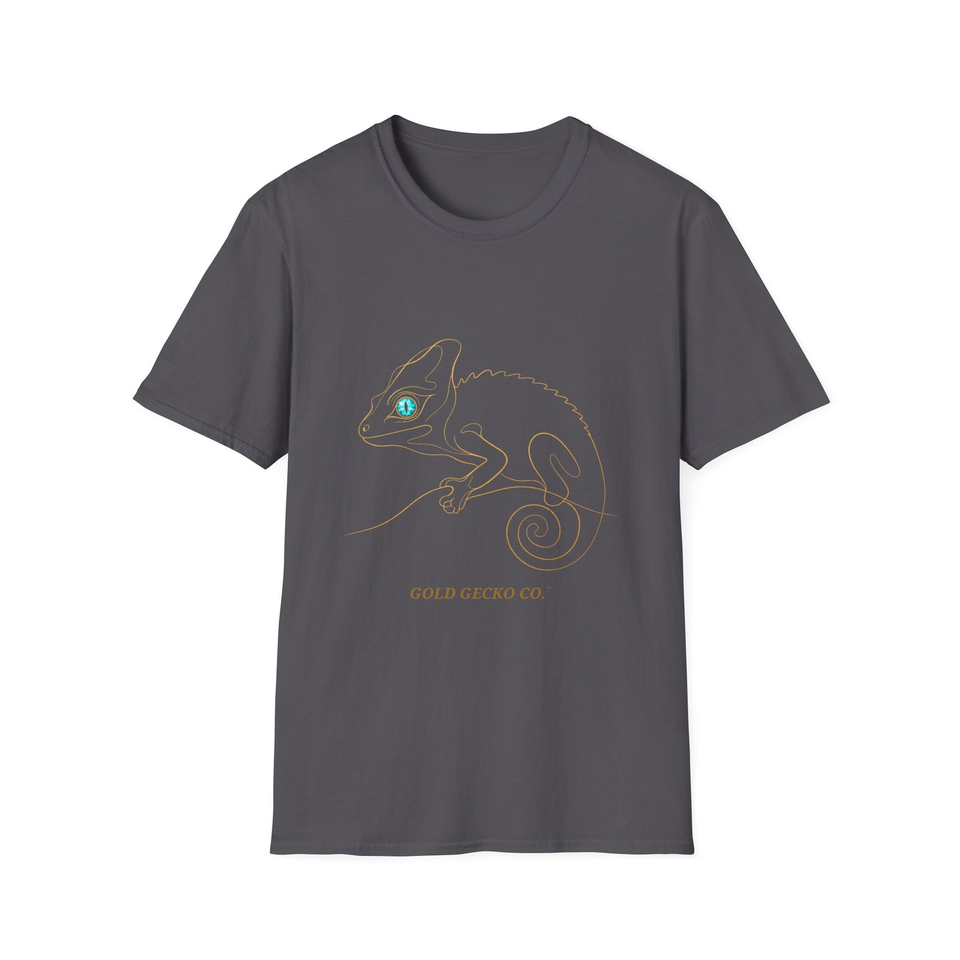 Turquoise Chameleon single-line art with turquoise gem eye — Gold Gecko Co. Line & Gold collection (Dark)