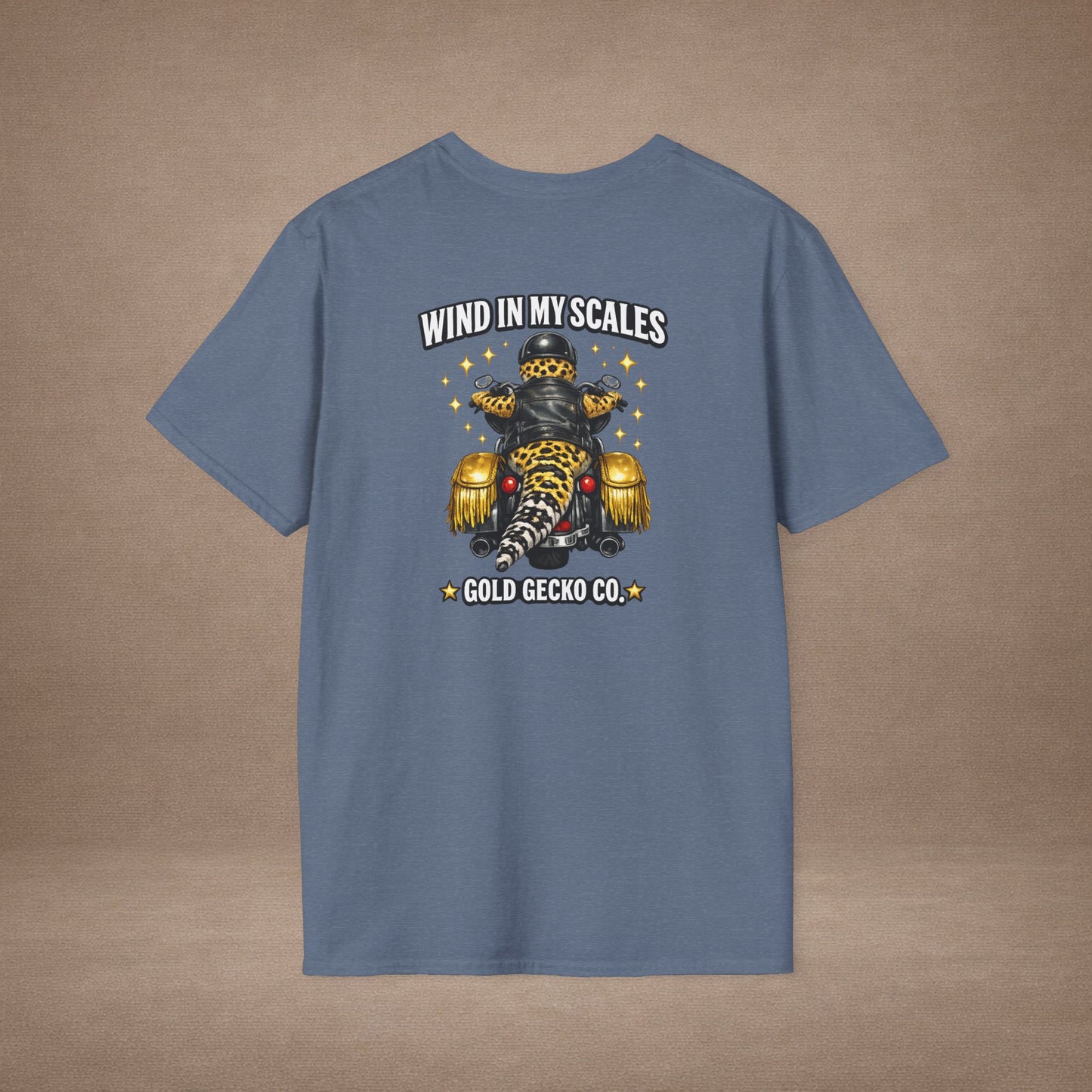 DESIGN #38 Wind in My Scales — Bagger Gecko Tee (Front & Back) Golden Letters