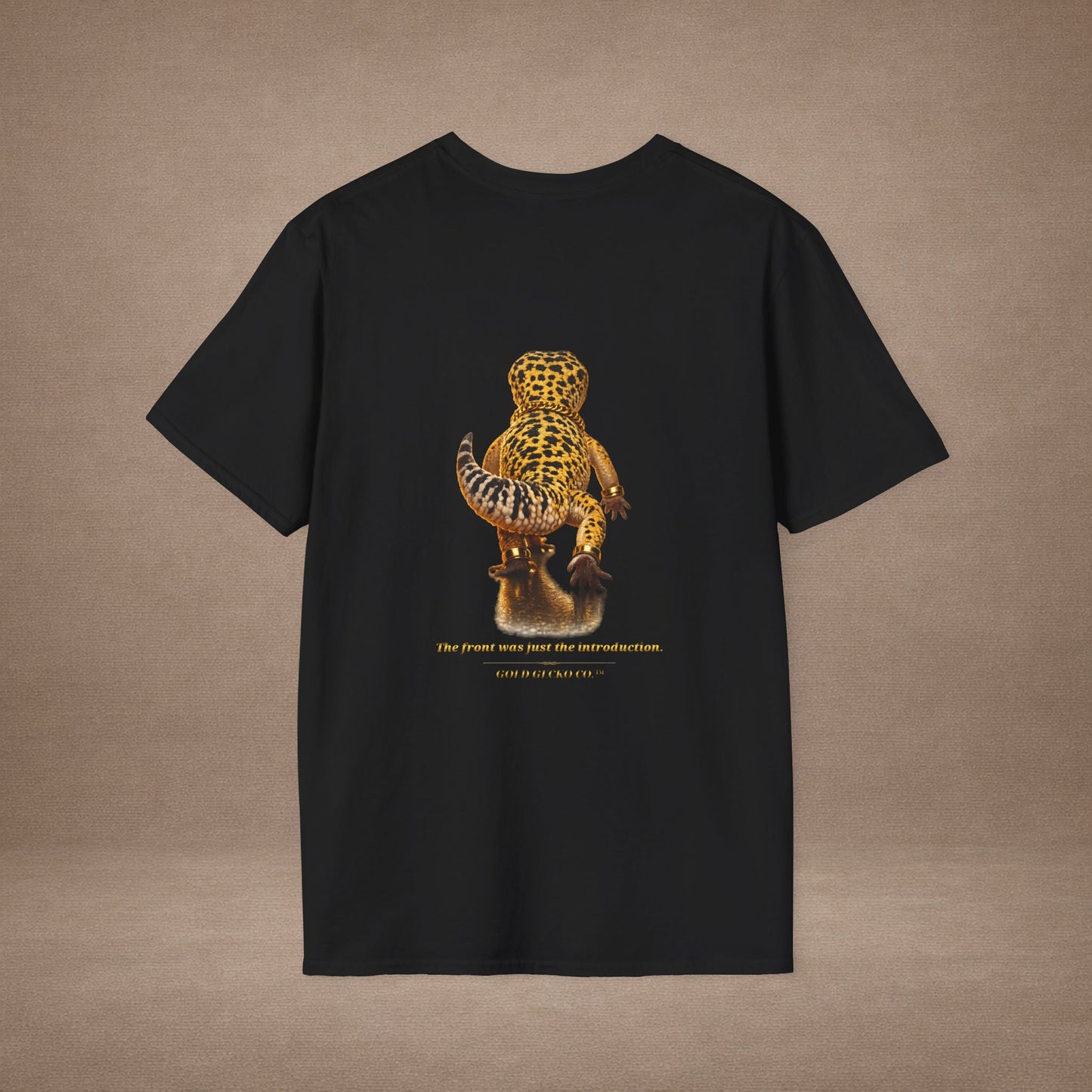 Design # 001  Gold Gecko Co. tm - Signature Logo Tee — Emblem Graphic T-Shirt (Front @ Back)