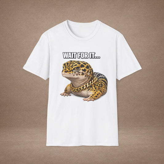 DESIGN #20-2  Wait For It… — Side-Eye Leopard Gecko Tee (Front & Back) (White Letters)