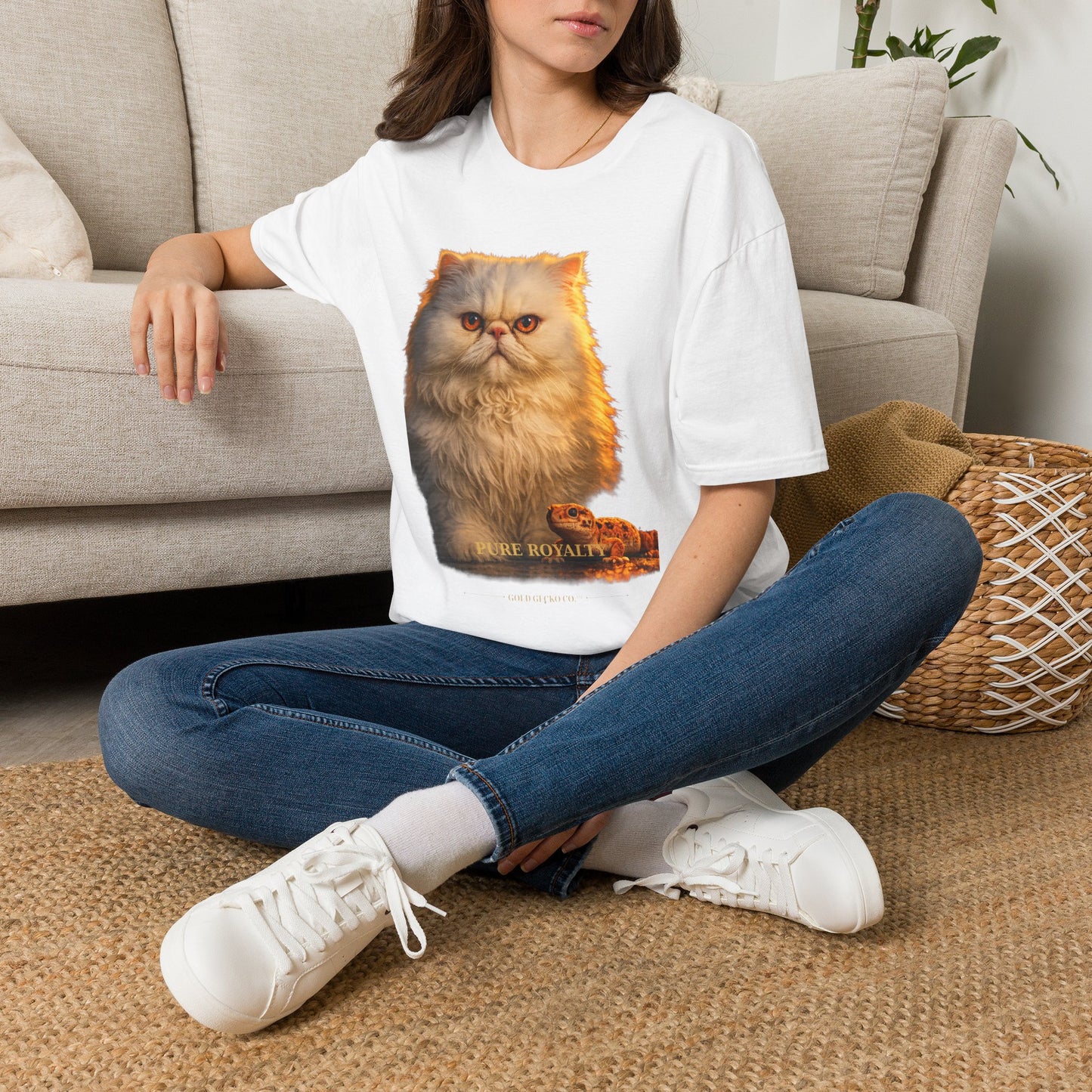 Persian — Pure Royalty — photoreal cat breed portraits paired with tiny gecko compani. Gold Gecko Co. Cats & Geckos collection.