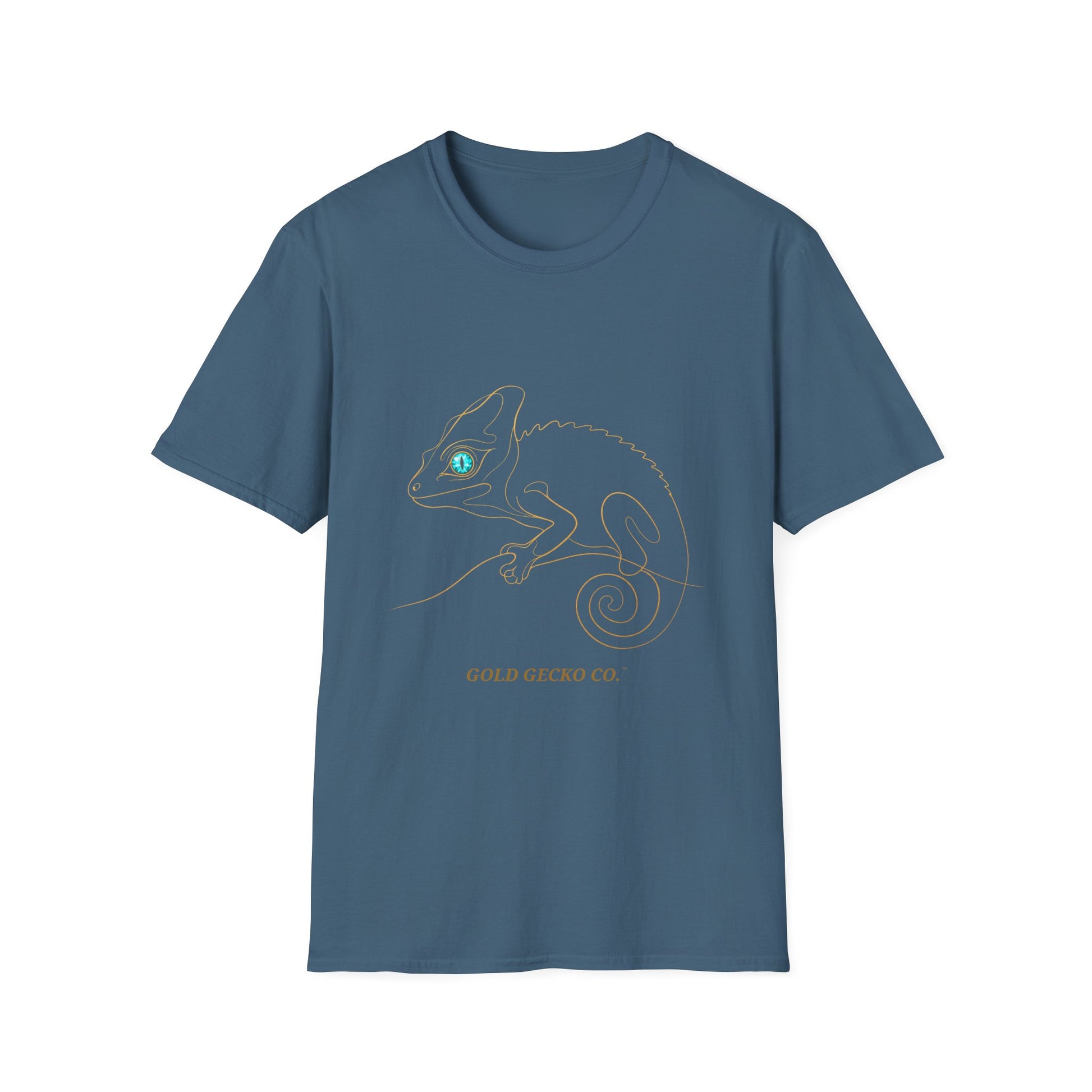 Turquoise Chameleon single-line art with turquoise gem eye — Gold Gecko Co. Line & Gold collection (Dark)