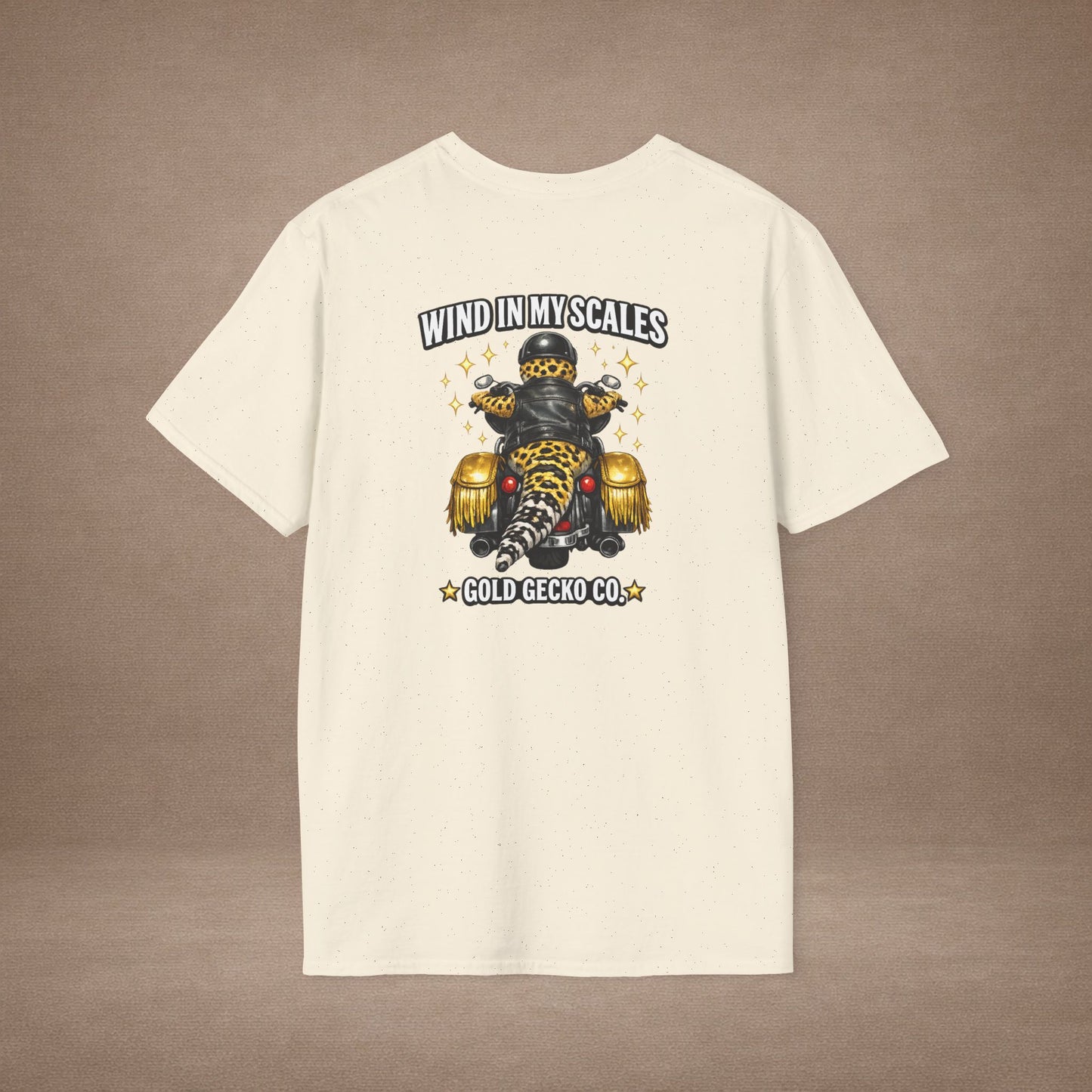 DESIGN #38 Wind in My Scales — Bagger Gecko Tee (Front & Back) Golden Letters