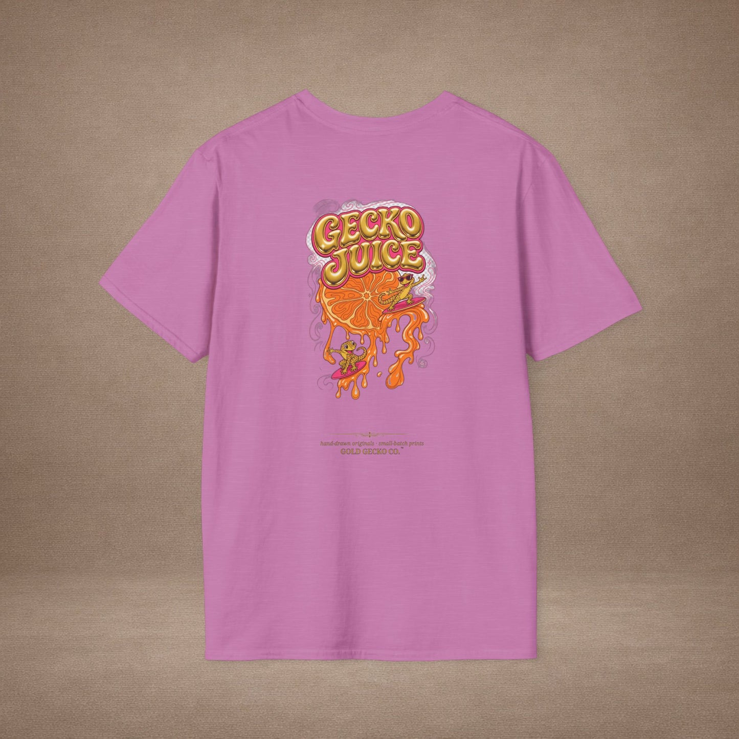 Stay Juicy retro chrome orange & gecko graphic t-shirt — Gold Gecko Co.