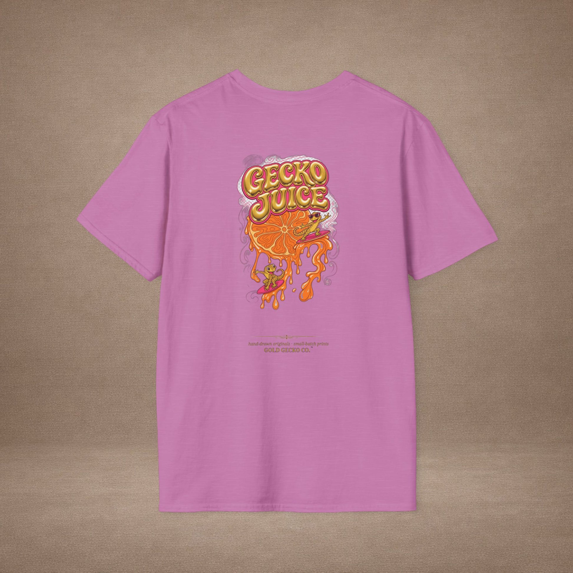 Stay Juicy retro chrome orange & gecko graphic t-shirt — Gold Gecko Co.