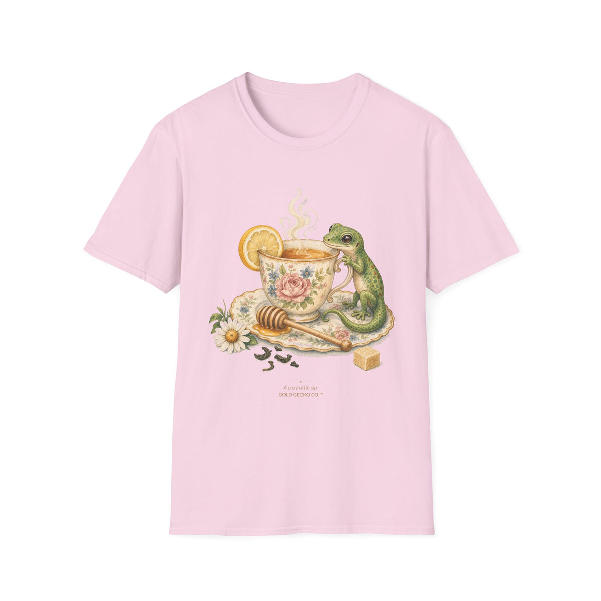 Tea Time Gecko cottagecore watercolor T-shirt from Gold Gecko Co. — gecko sipping from a floral teacup among daisies and lavender.