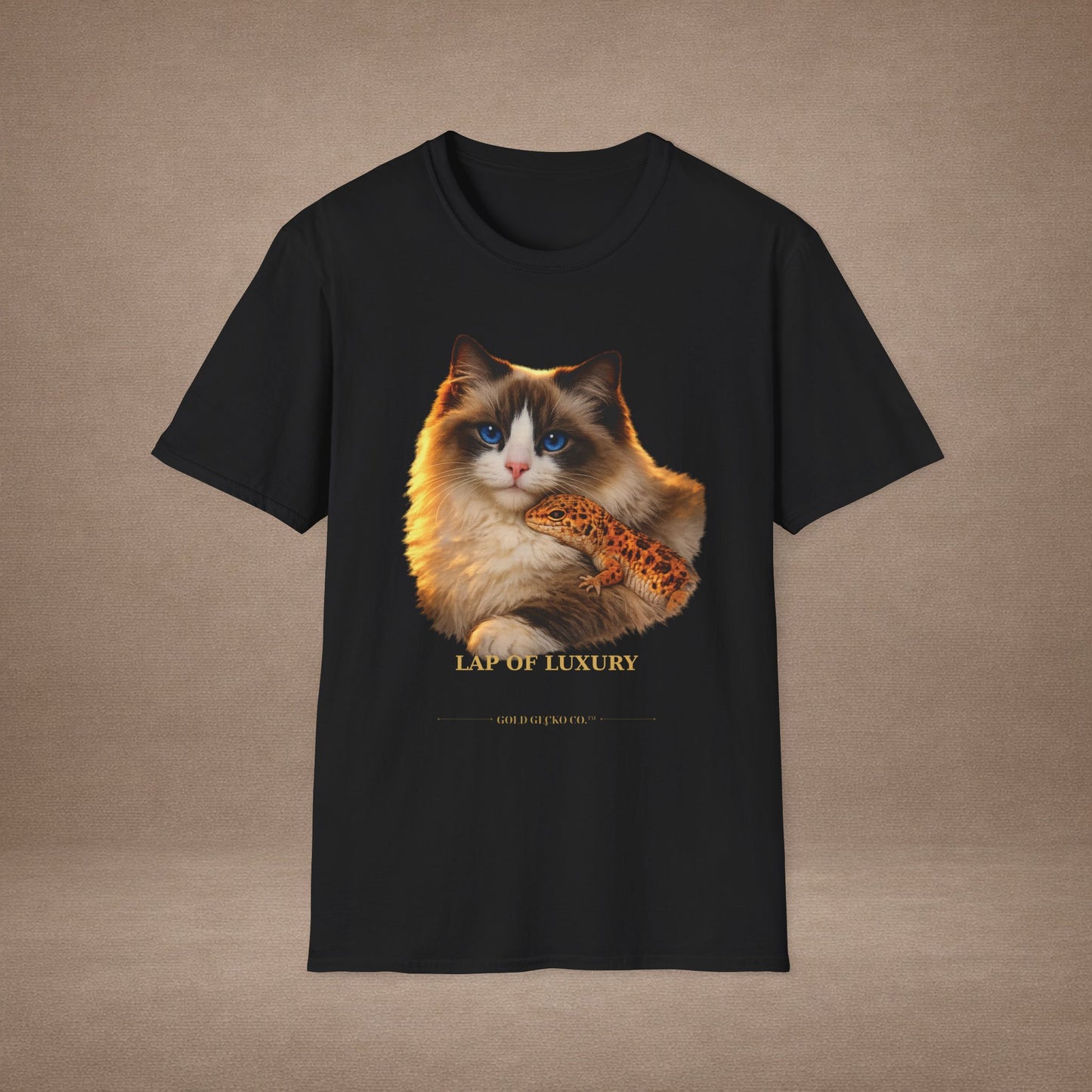 Ragdoll — Lap Of Luxury — photoreal cat breed portraits paired with tiny gecko compani. Gold Gecko Co. Cats & Geckos collection.