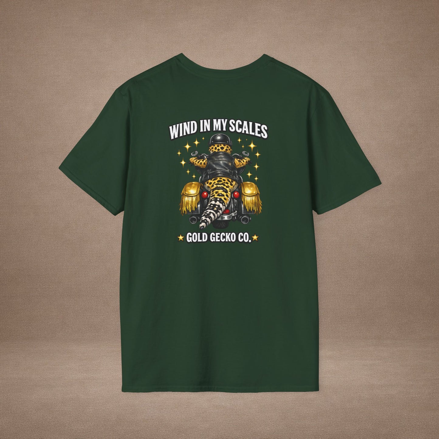 DESIGN #38 Wind in My Scales — Bagger Gecko Tee (Front & Back) Golden Letters