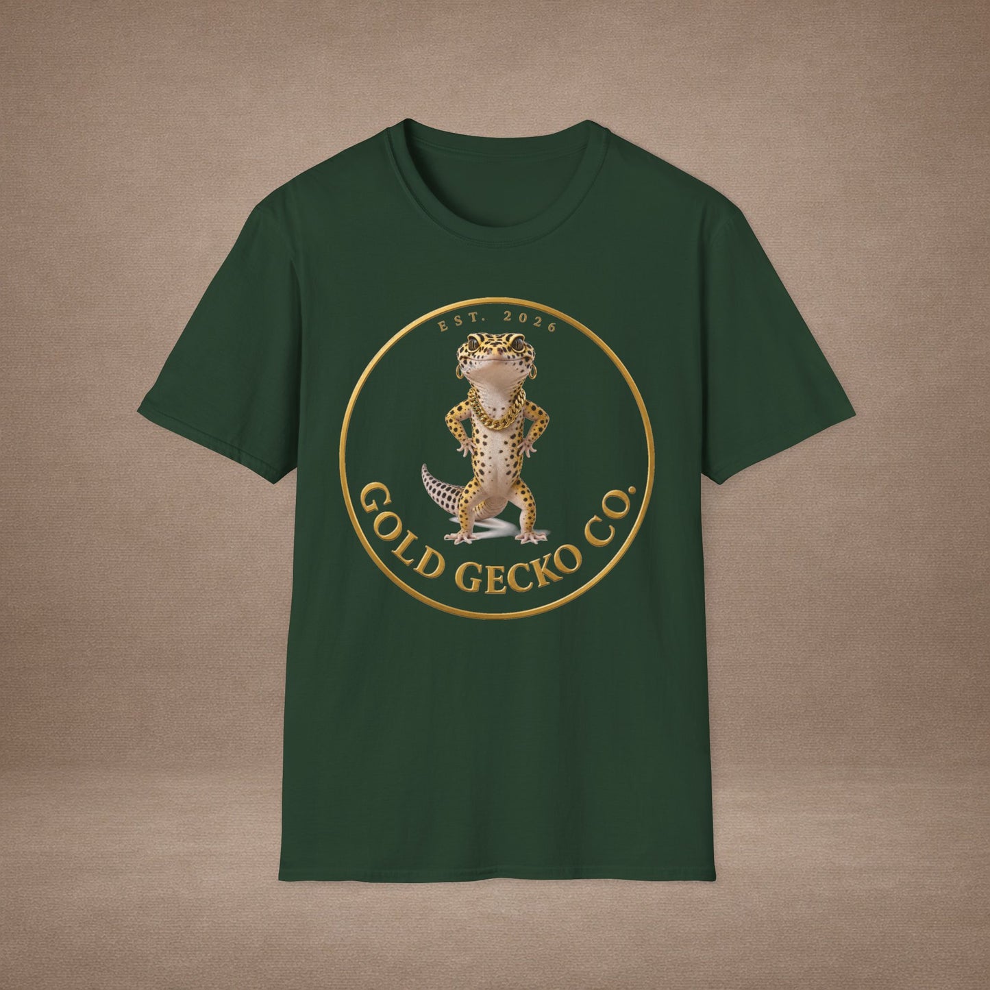 Design # 001  Gold Gecko Co. tm - Signature Logo Tee — Emblem Graphic T-Shirt (Front @ Back)