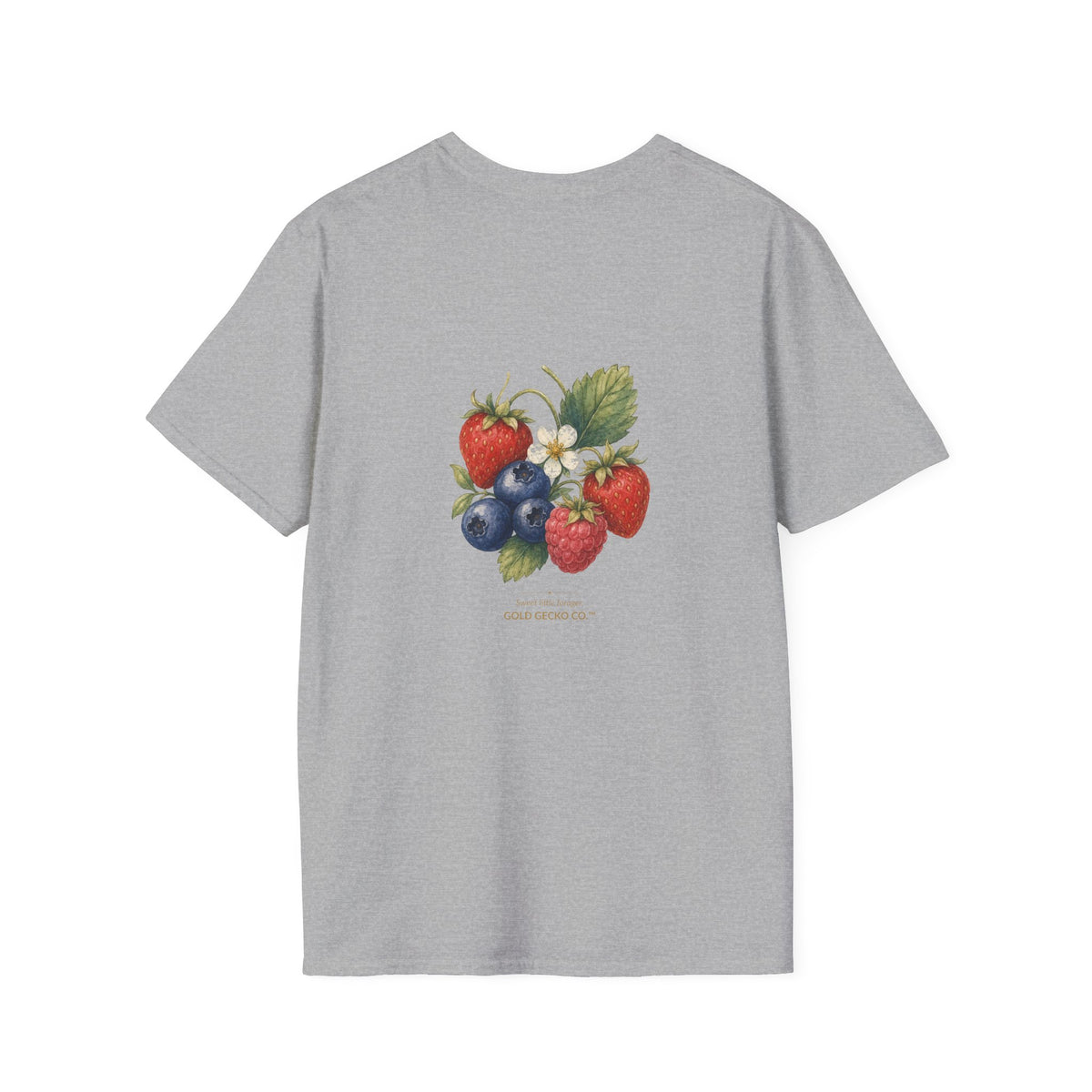 Berry Basket Buddy cottagecore watercolor T-shirt from Gold Gecko Co. — gecko nestled in a woven basket of wild strawberries and blueberries.