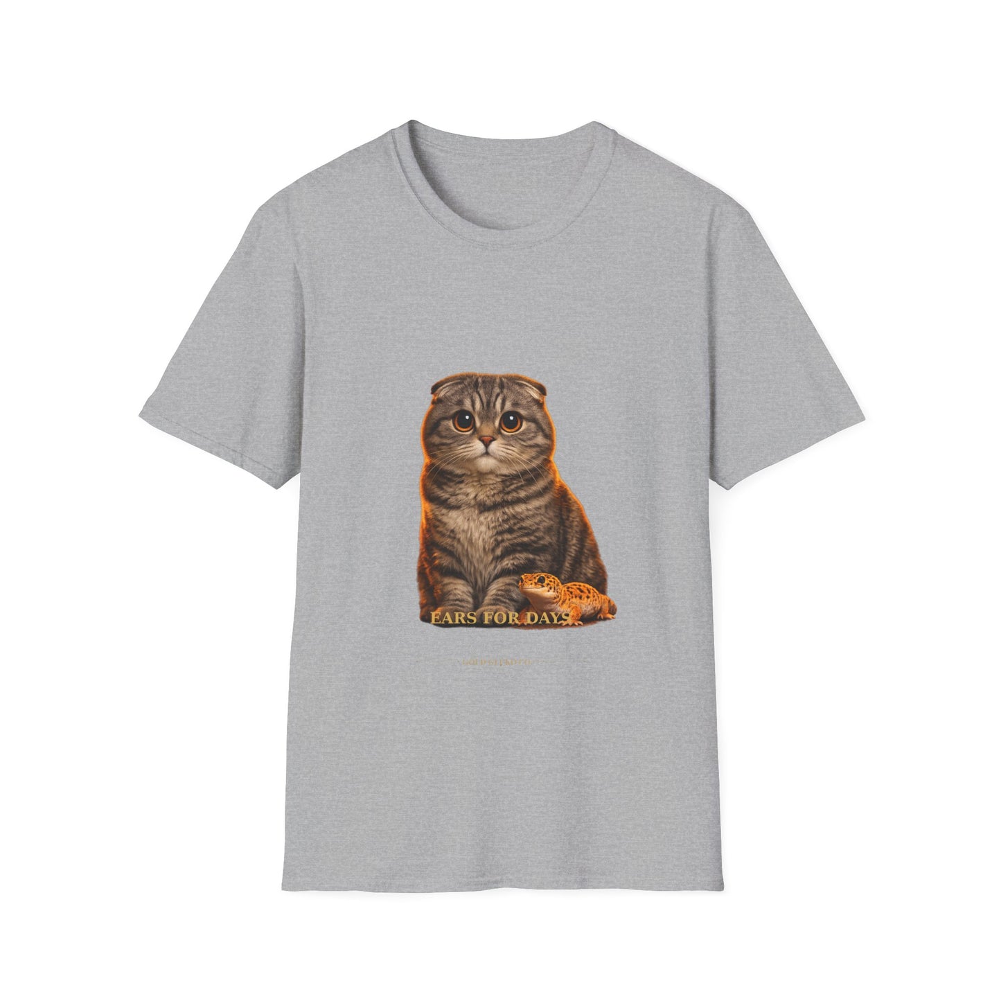 Scottish Fold — Ears For Days — photoreal cat breed portraits paired with tiny gecko compani. Gold Gecko Co. Cats & Geckos collection.