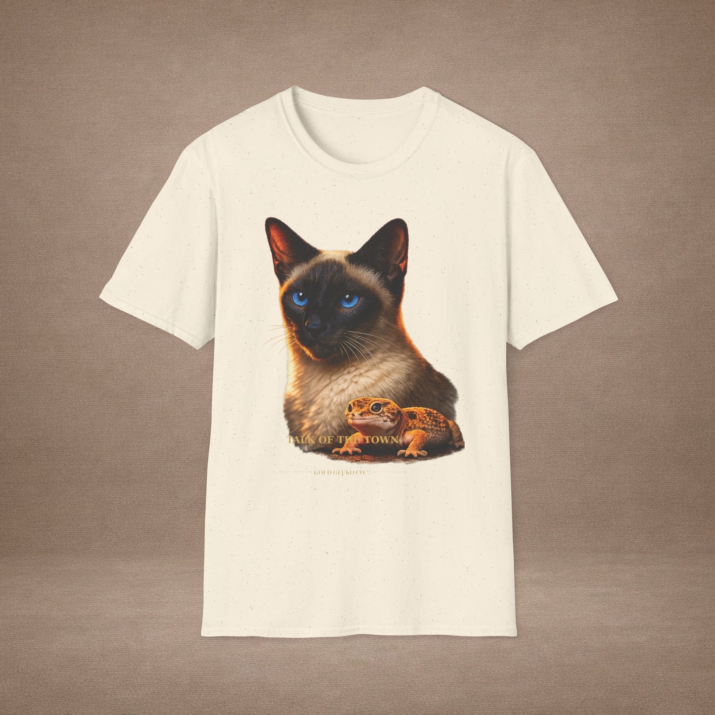 Siamese — Talk Of The Town — photoreal cat breed portraits paired with tiny gecko compani. Gold Gecko Co. Cats & Geckos collection.