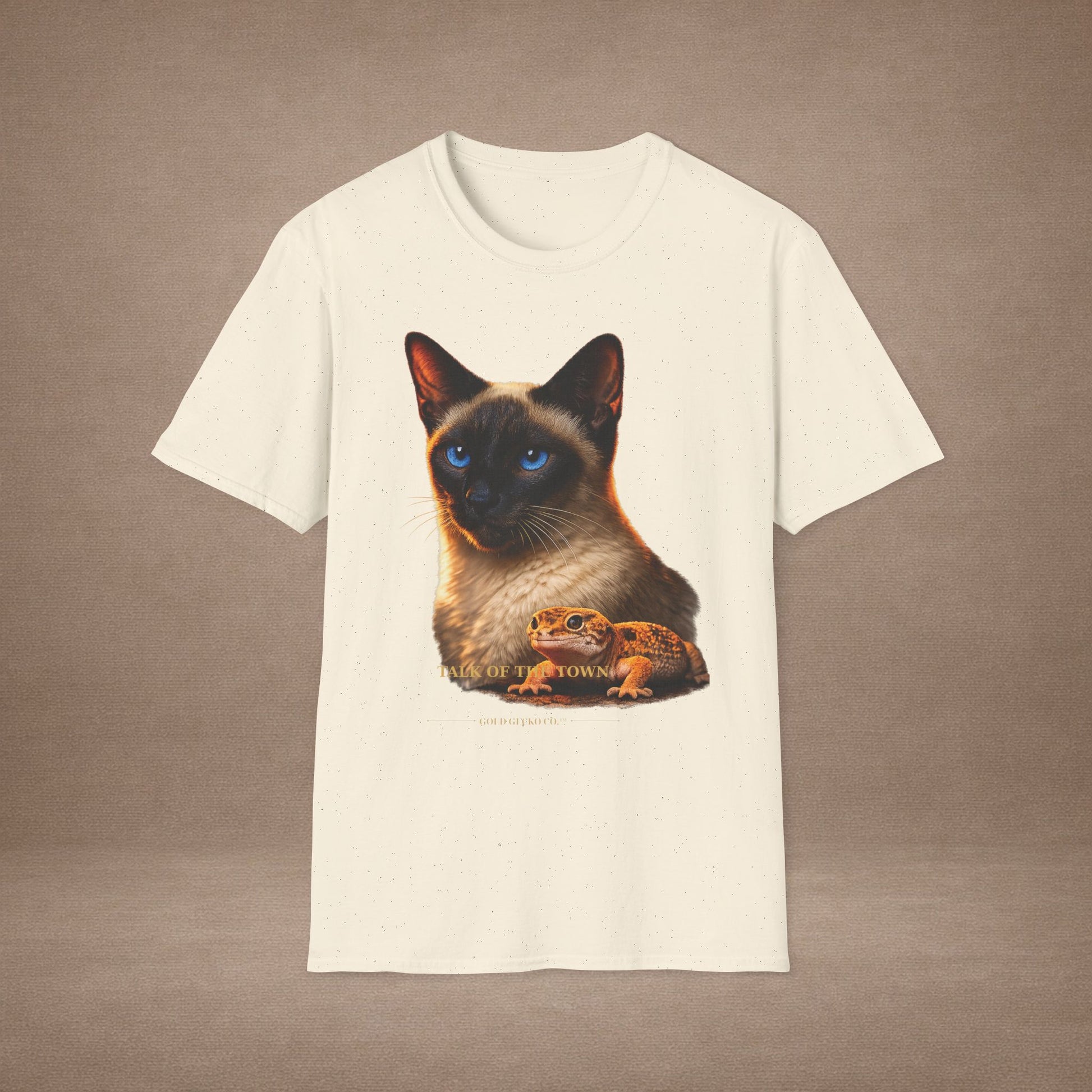 Siamese — Talk Of The Town — photoreal cat breed portraits paired with tiny gecko compani. Gold Gecko Co. Cats & Geckos collection.