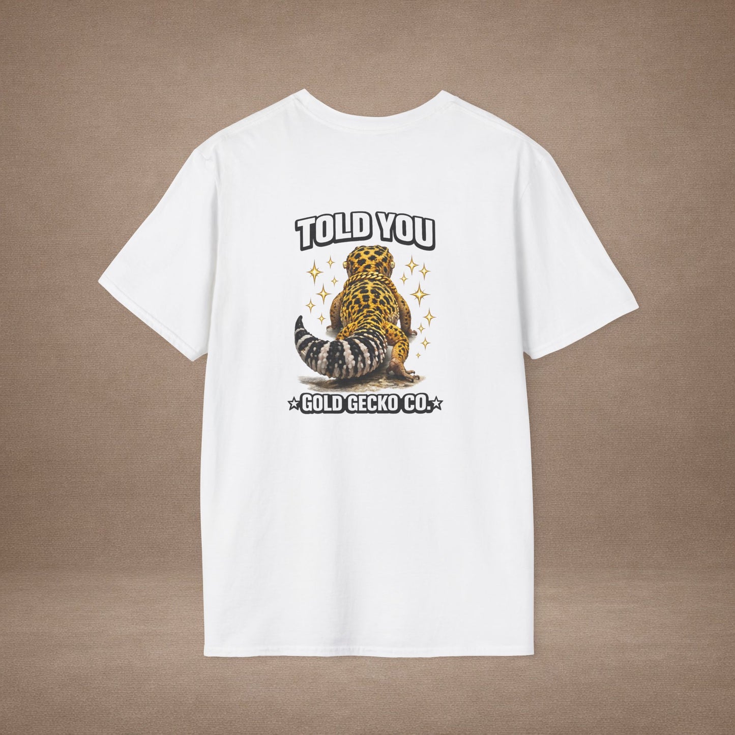DESIGN #20 Wait For It… — Side-Eye Leopard Gecko Tee (Front & Back)- White Letters