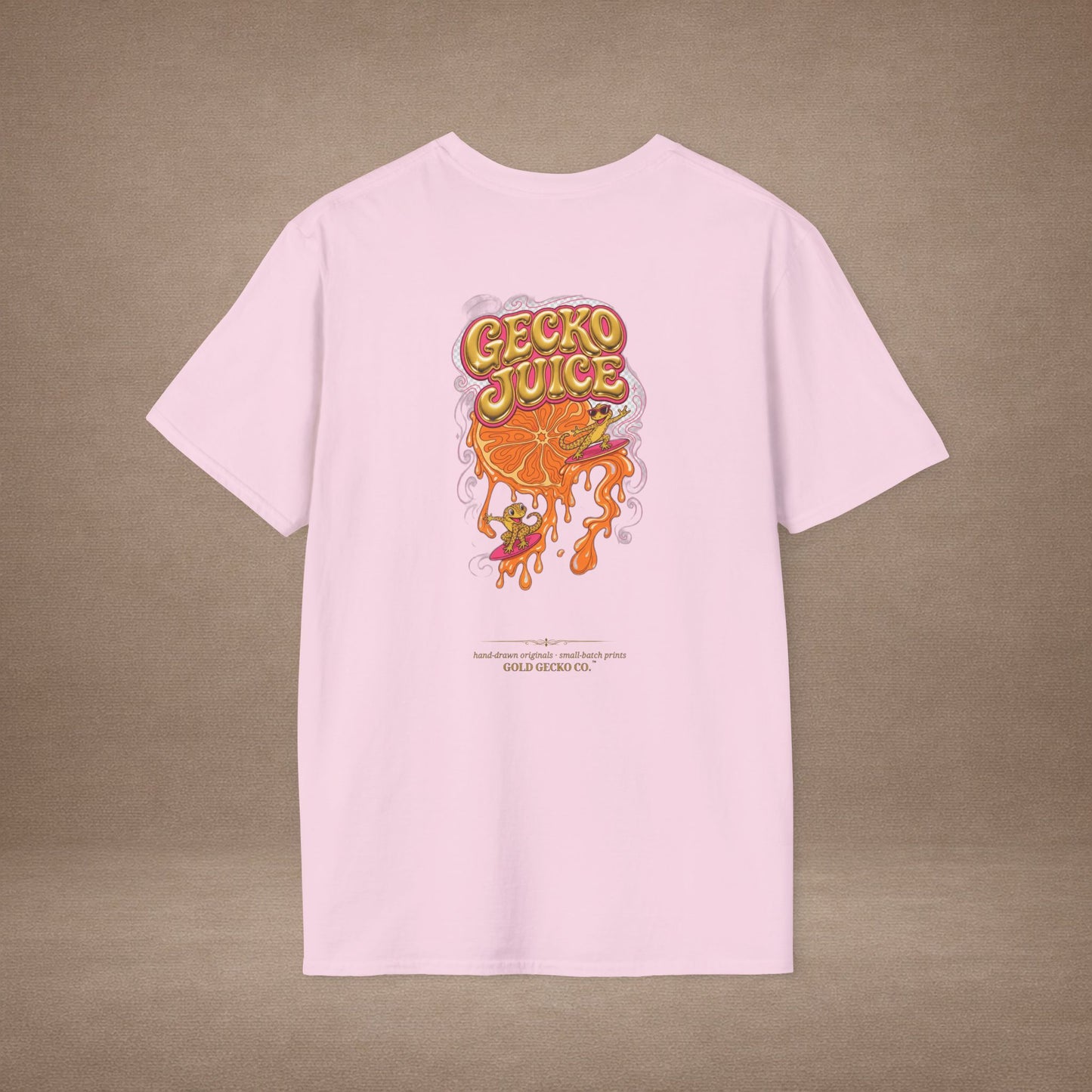 Stay Juicy retro chrome orange & gecko graphic t-shirt — Gold Gecko Co.