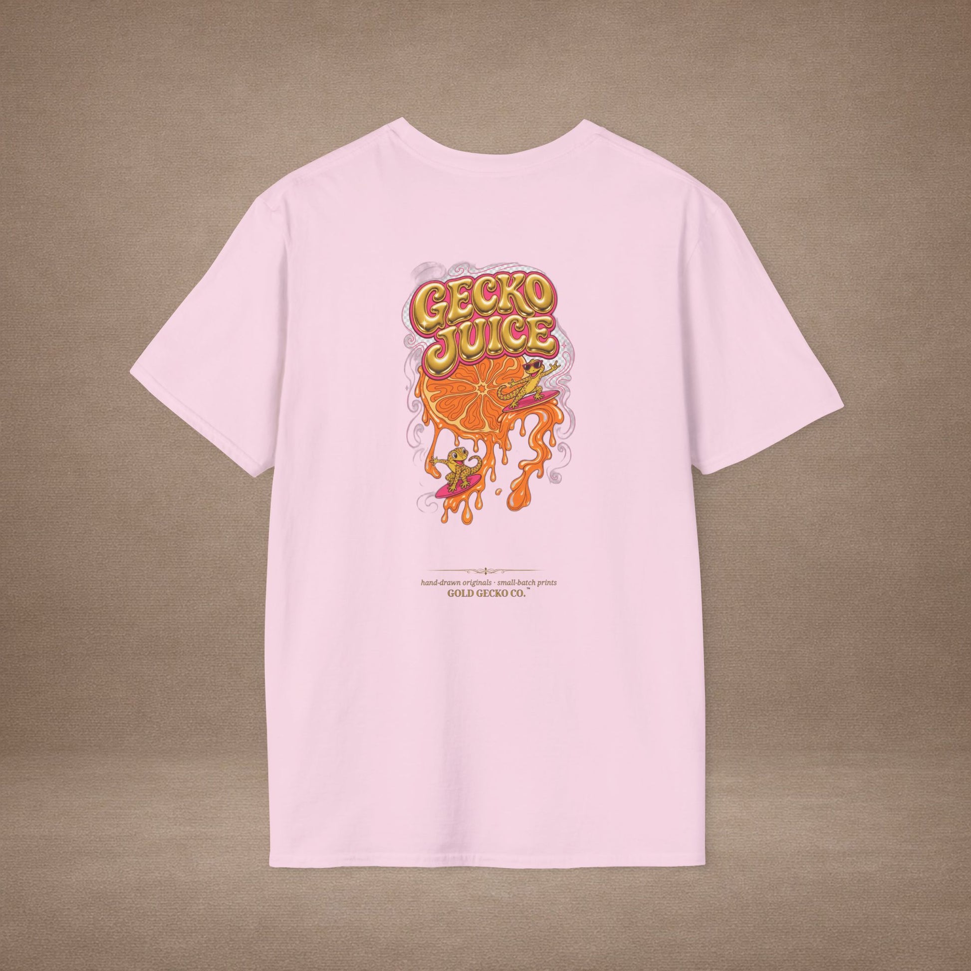 Stay Juicy retro chrome orange & gecko graphic t-shirt — Gold Gecko Co.