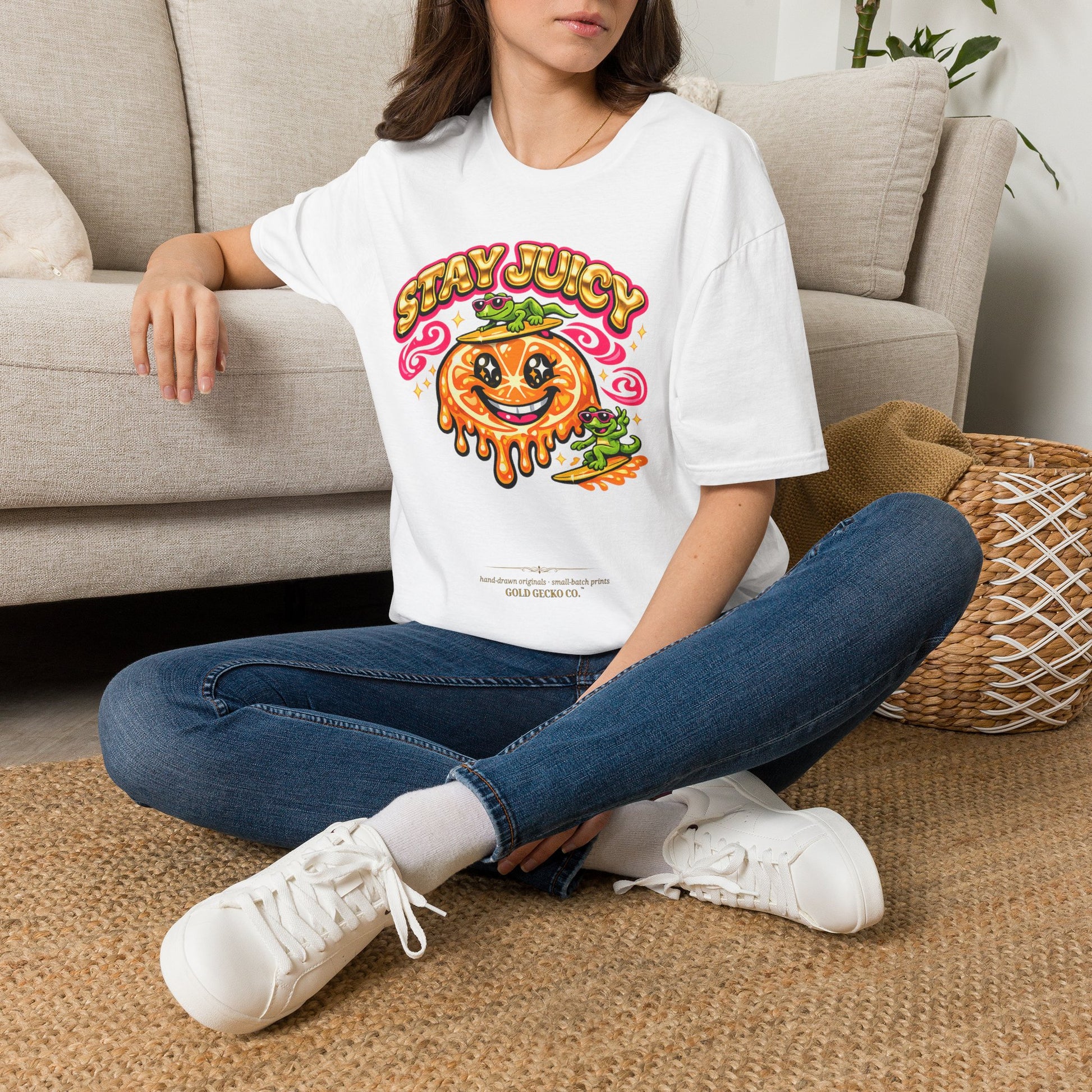 Stay Juicy retro chrome orange & gecko graphic t-shirt — Gold Gecko Co.