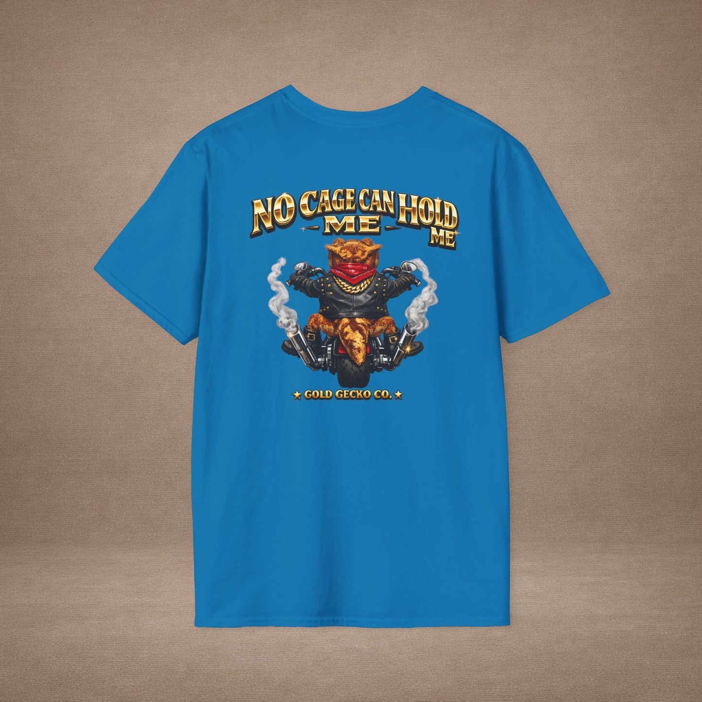 DESIGN #37 No Cage Can Hold Me — Chopper Gecko Tee (Front & Back) Gold Lettering