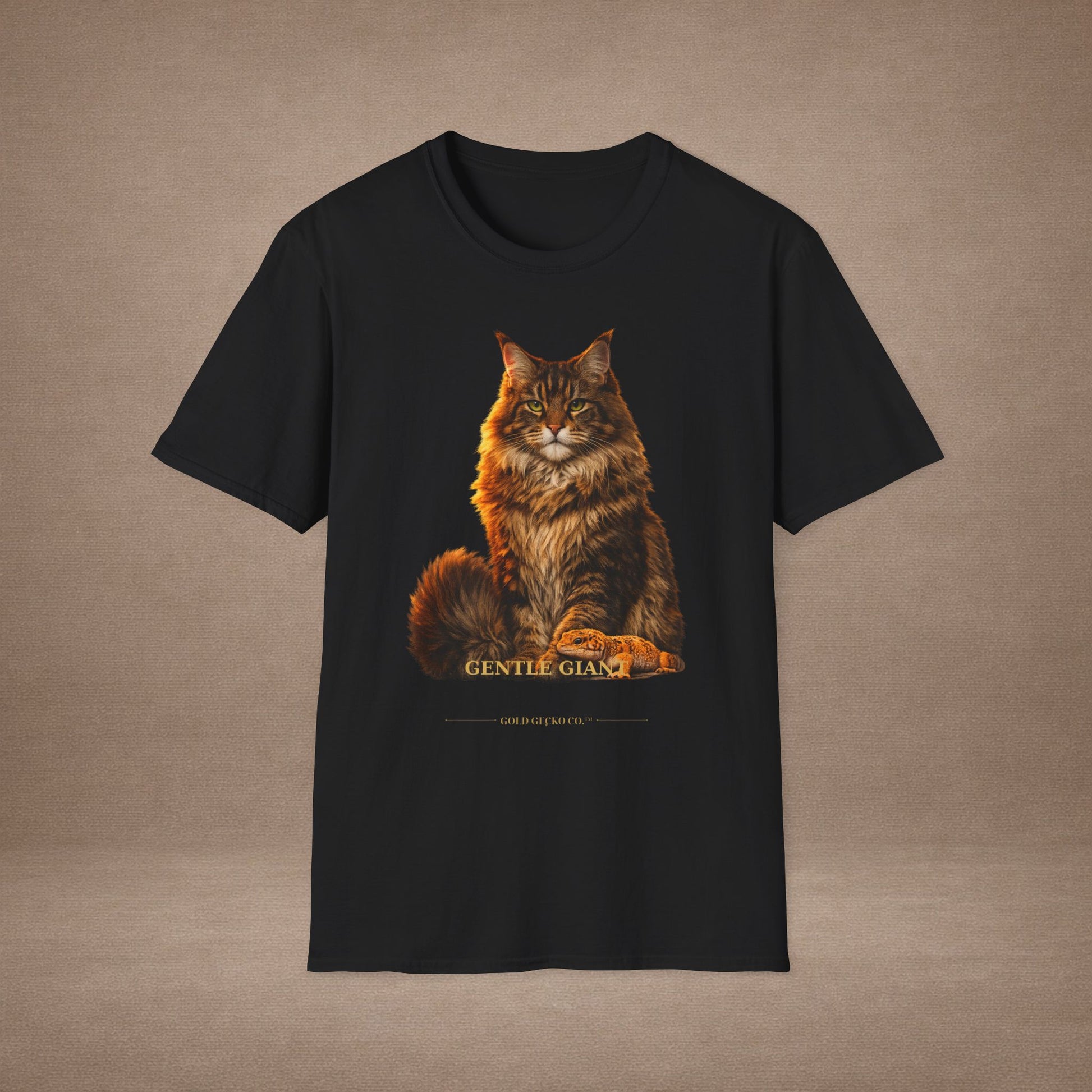 Maine Coon — Gentle Giant — photoreal cat breed portraits paired with tiny gecko compani. Gold Gecko Co. Cats & Geckos collection.