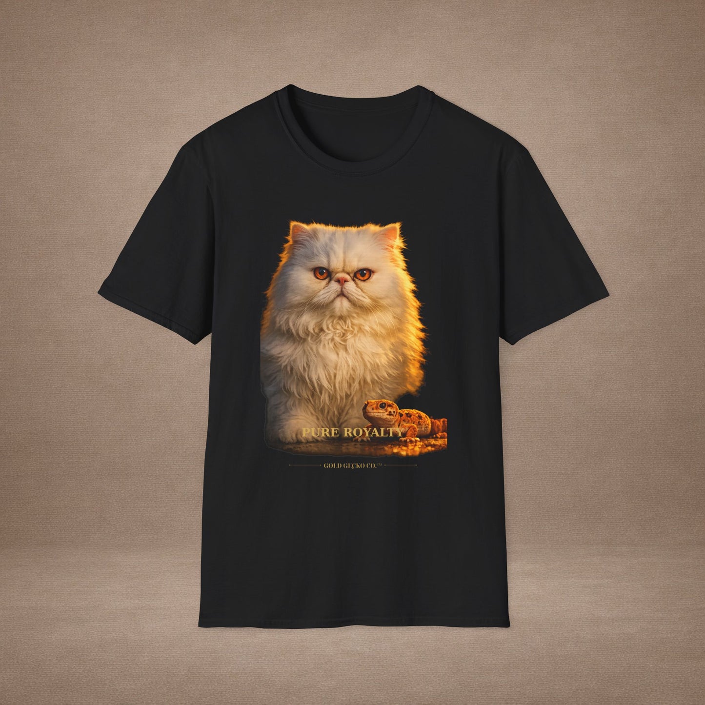 Persian — Pure Royalty — photoreal cat breed portraits paired with tiny gecko compani. Gold Gecko Co. Cats & Geckos collection.