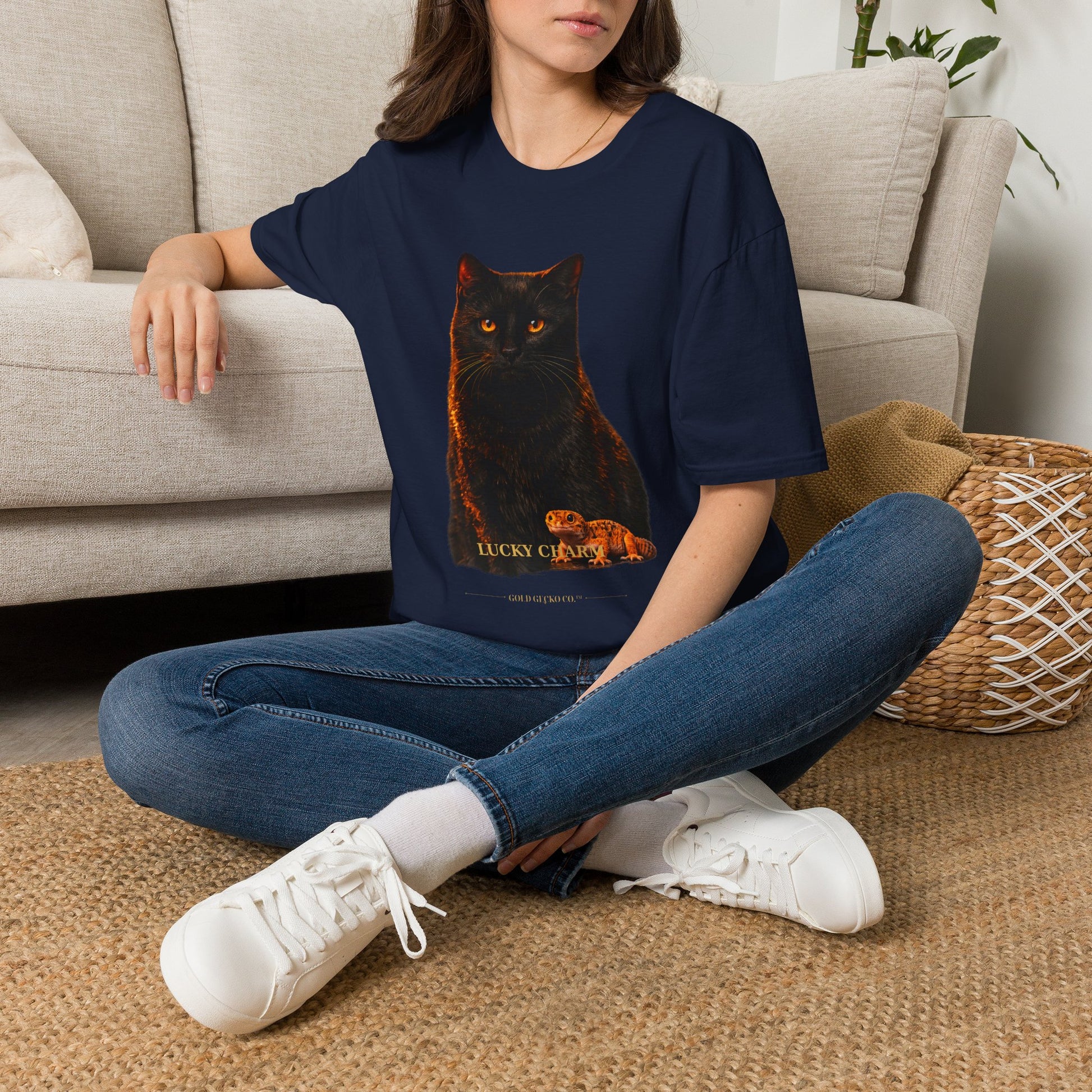 Black Cat — Lucky Charm — photoreal cat breed portraits paired with tiny gecko compani. Gold Gecko Co. Cats & Geckos collection.