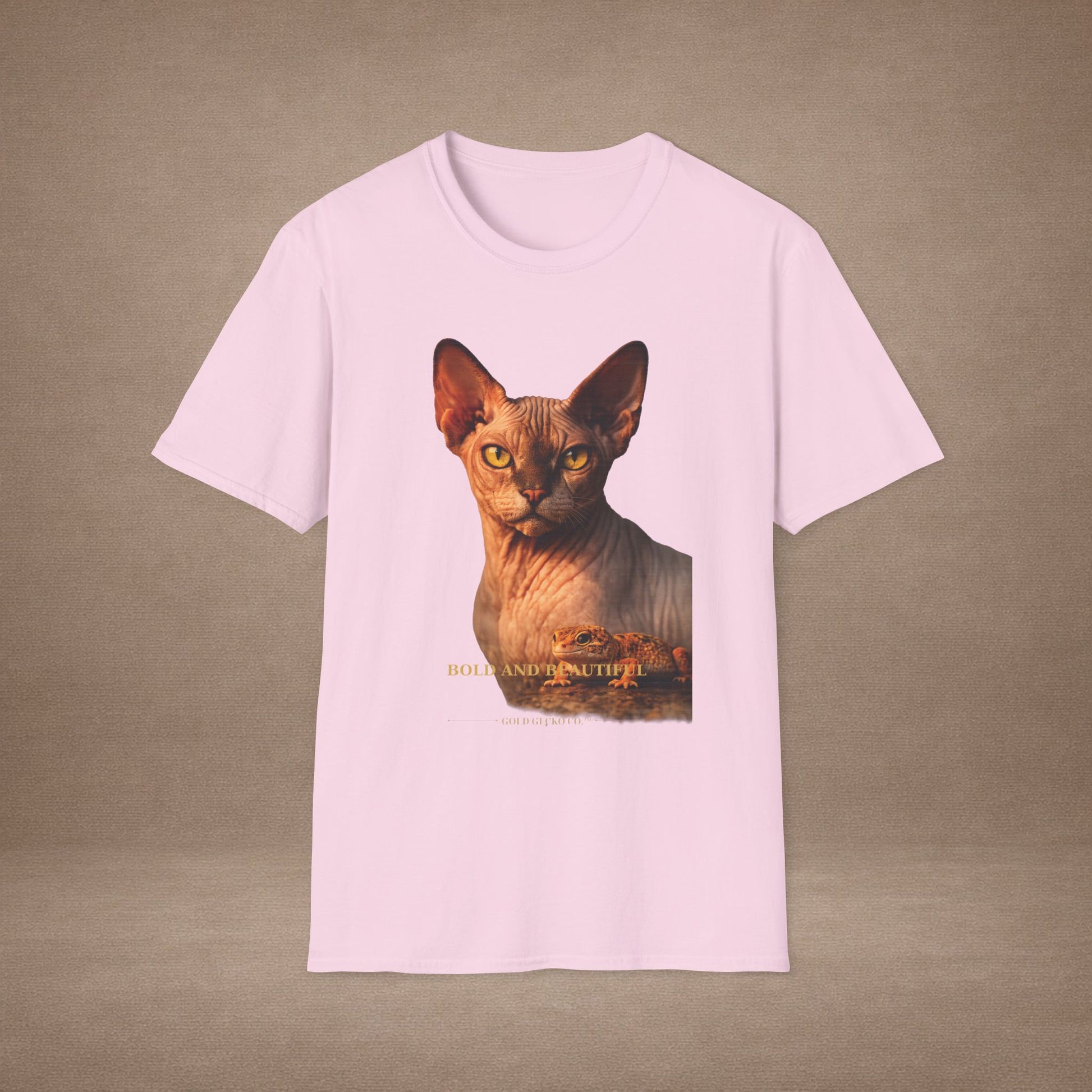 Sphynx — Bold And Beautiful — photoreal cat breed portraits paired with tiny gecko compani. Gold Gecko Co. Cats & Geckos collection.