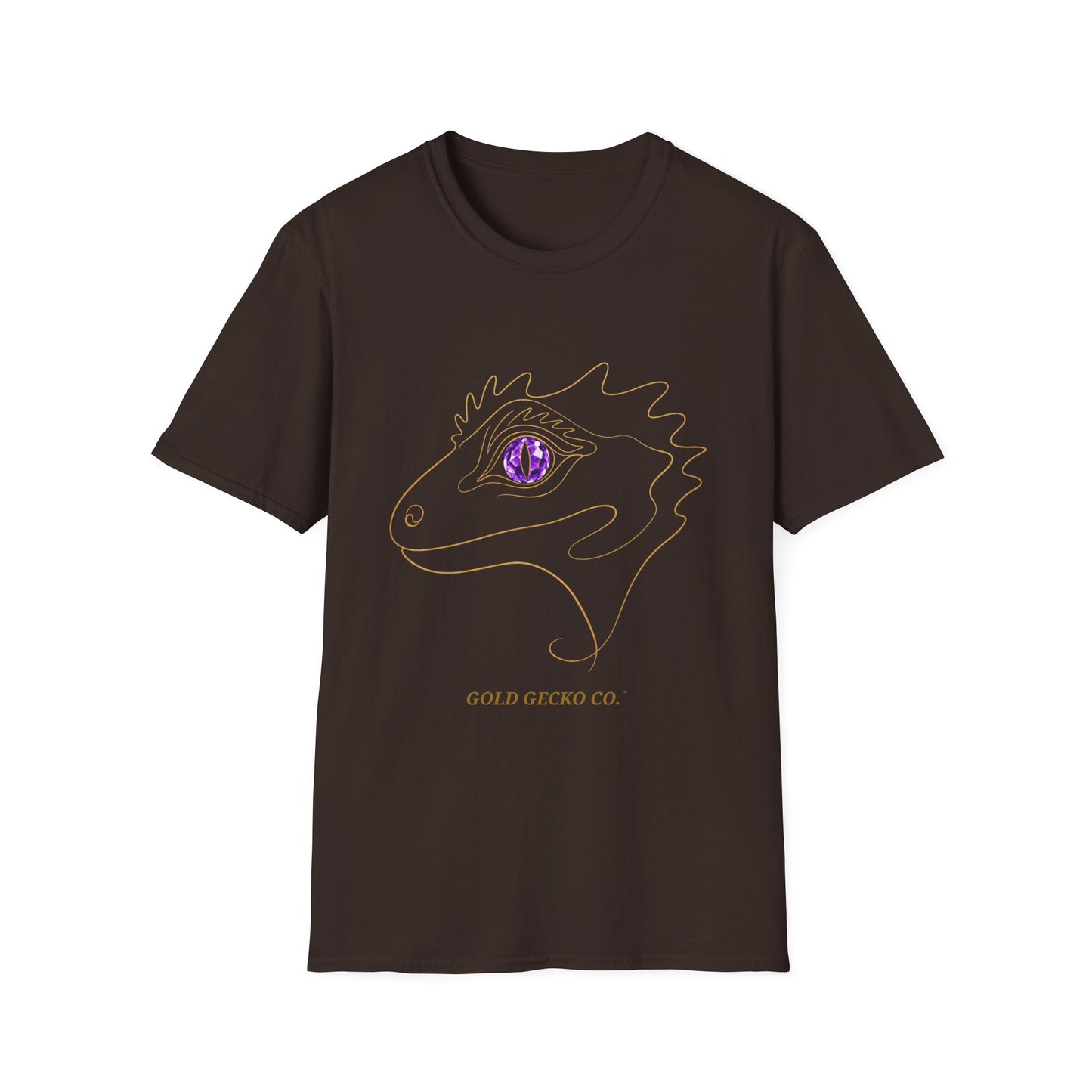 Amethyst Crested Gecko single-line art with amethyst purple gem eye — Gold Gecko Co. Line & Gold collection (Dark)