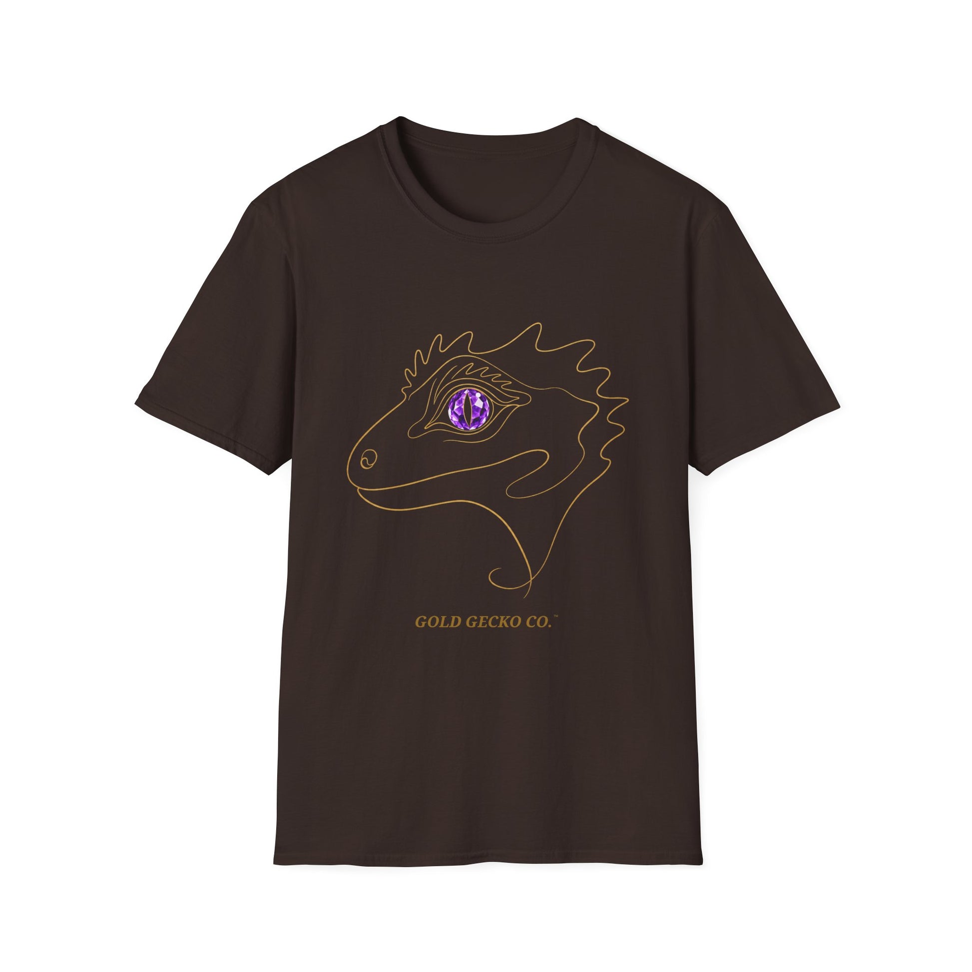 Amethyst Crested Gecko single-line art with amethyst purple gem eye — Gold Gecko Co. Line & Gold collection (Dark)